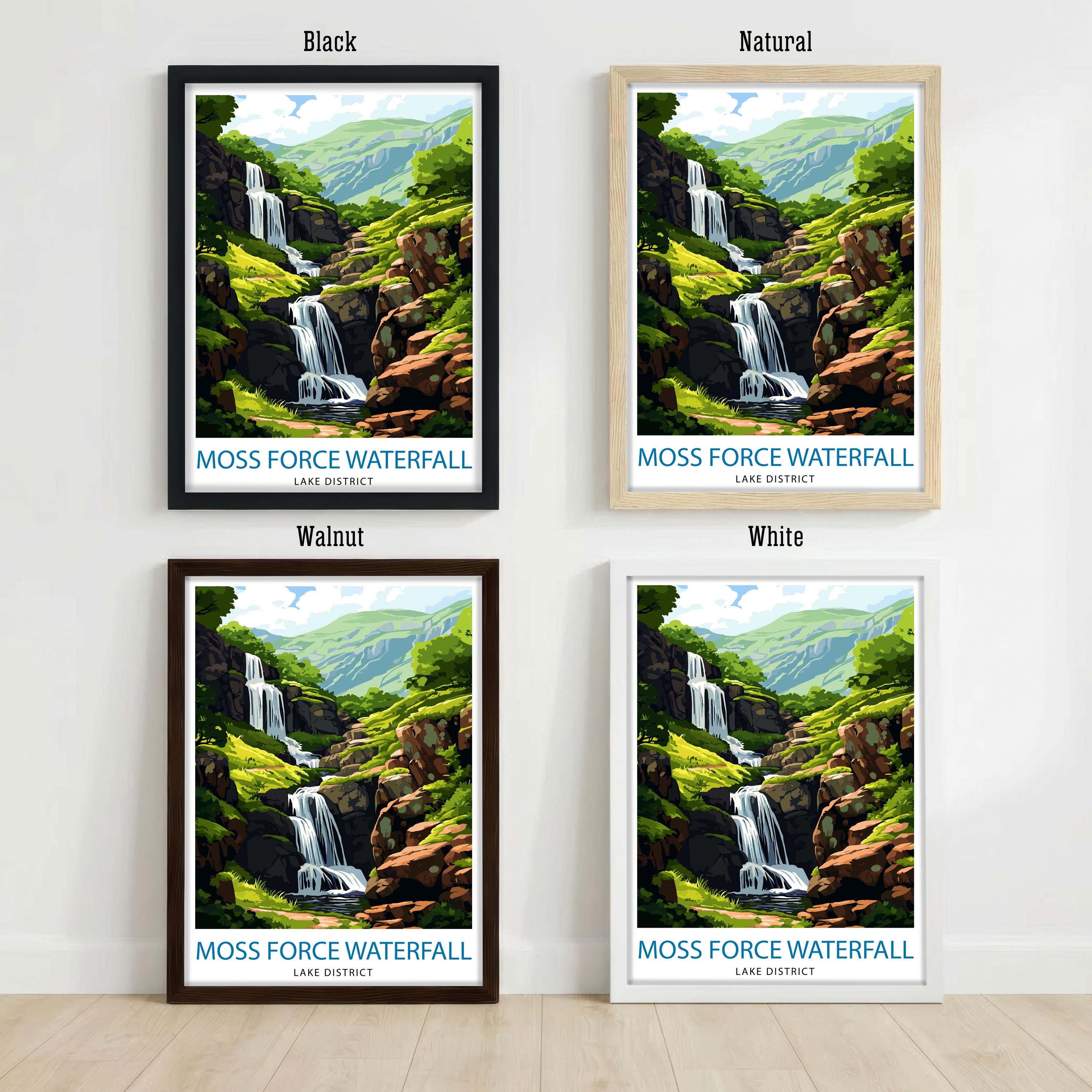 Moss Force Waterfall Lake District Travel Poster Print England Wall Art Landscape Decor Gift for UK Travel Lovers and Scenic Nature Fans