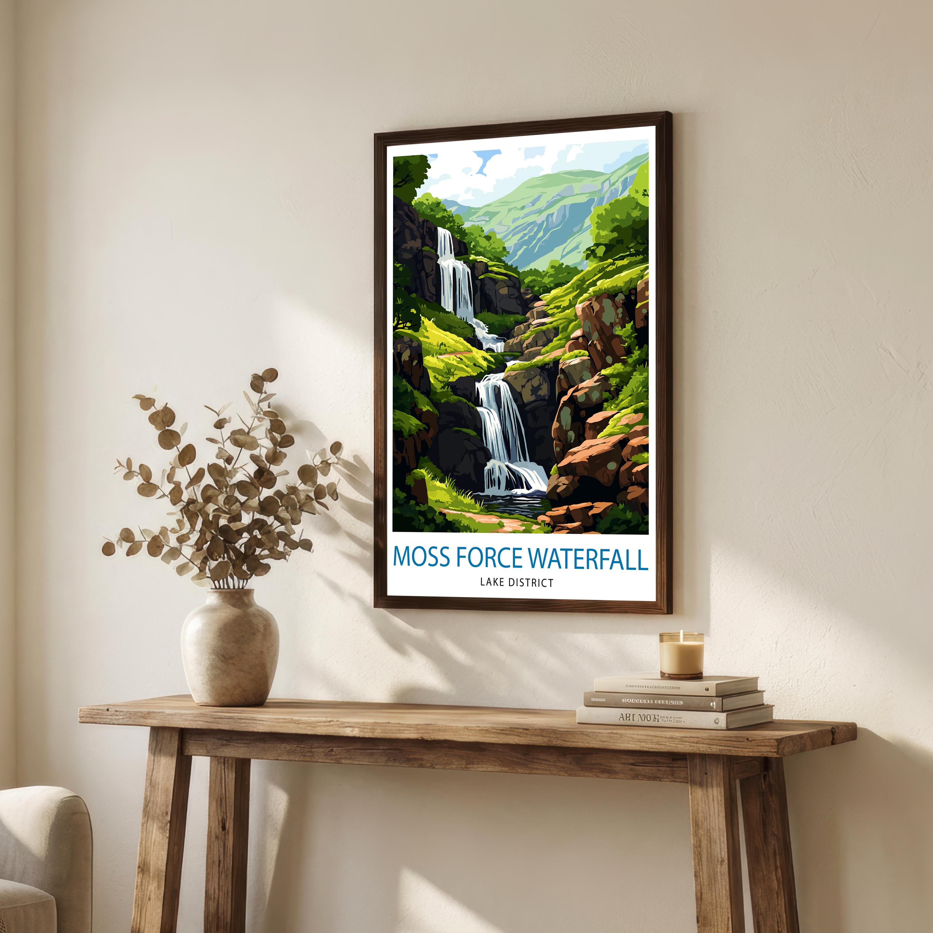 Moss Force Waterfall Lake District Travel Poster Print England Wall Art Landscape Decor Gift for UK Travel Lovers and Scenic Nature Fans
