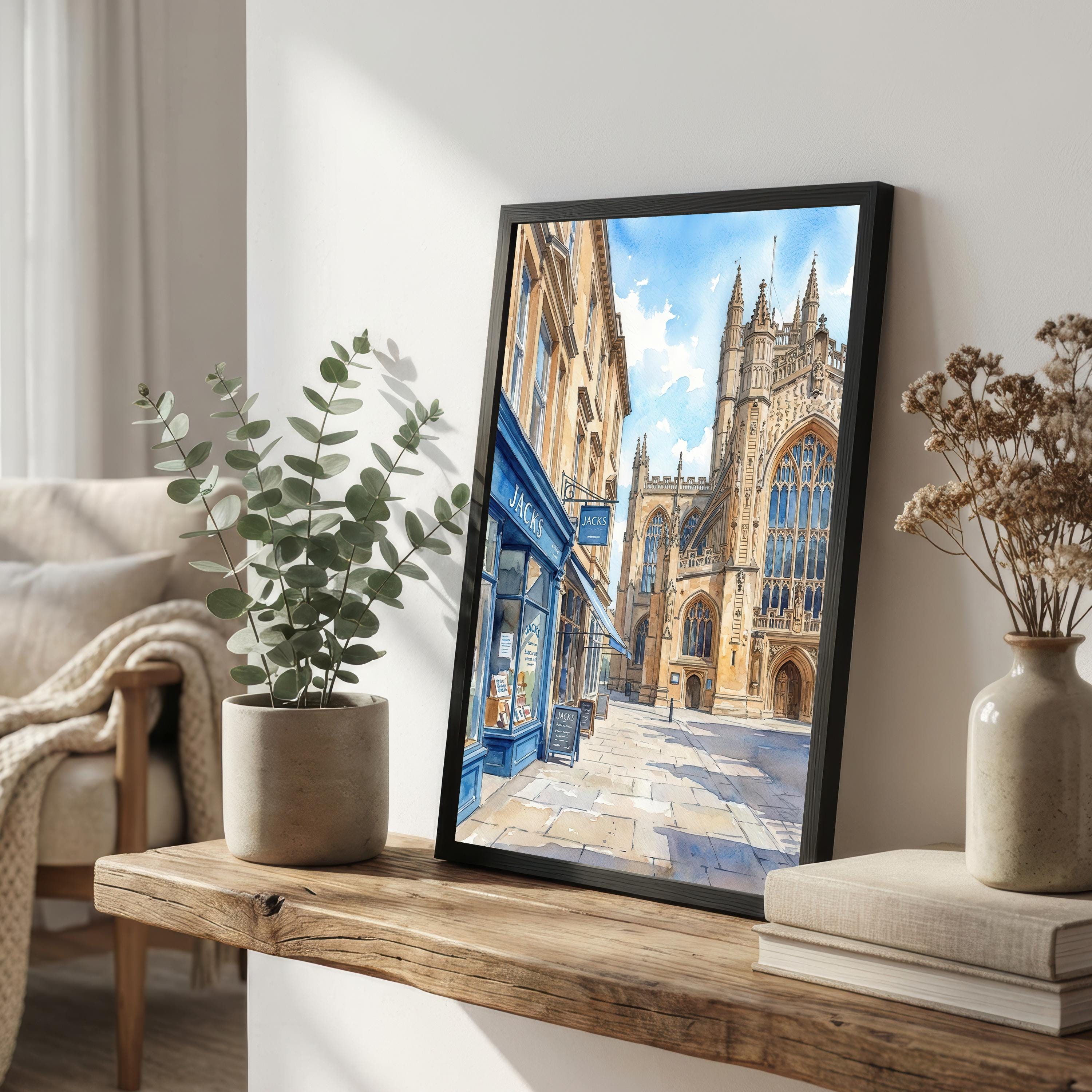 Bath Watercolour Painting Poster England Wall Art City Landscape Print Gift for UK Travel Lovers and Fans of Scenic Historic Architecture