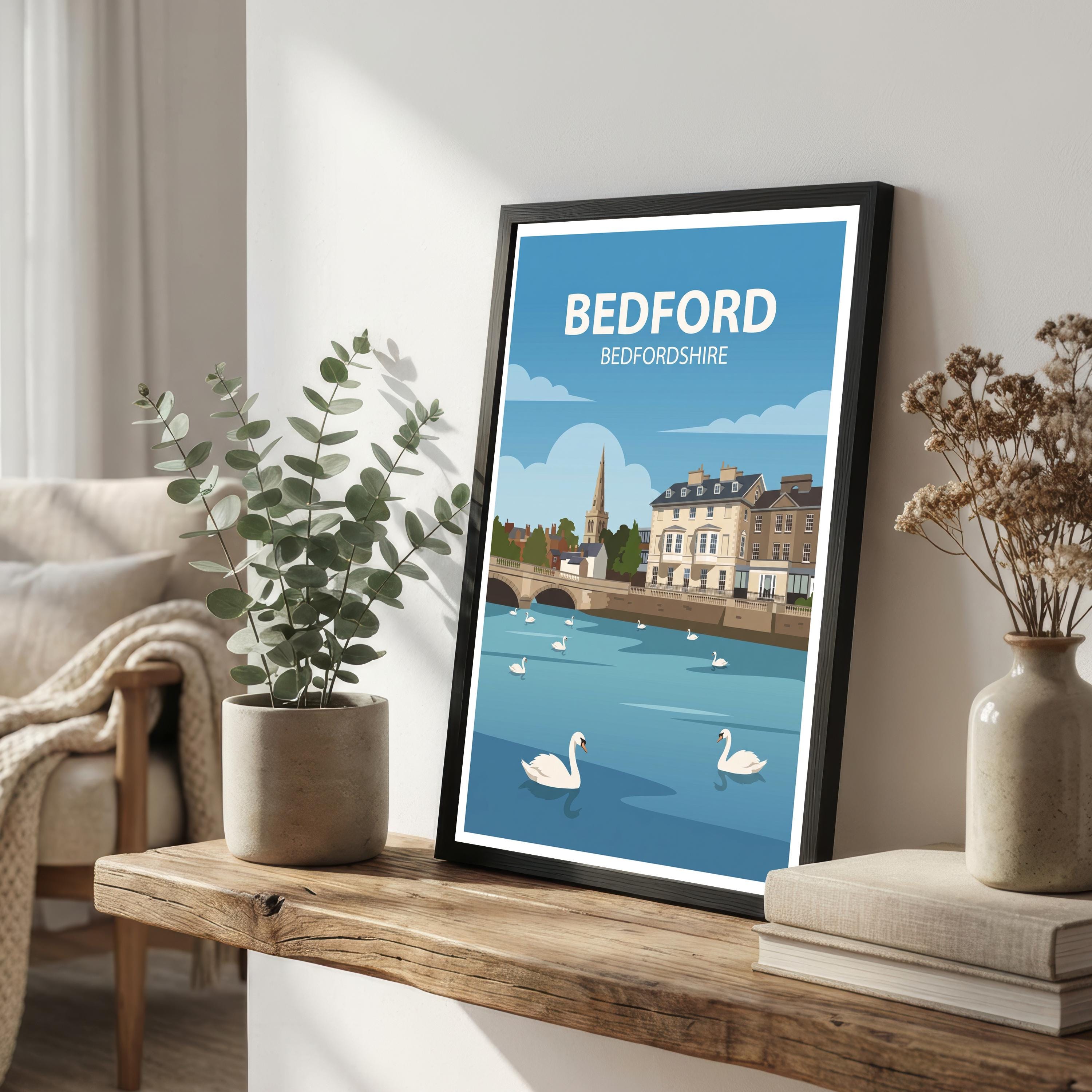 Bedford Bedfordshire Travel Poster Print England Wall Art Town Landscape Decor Gift for UK Travel Lovers and Fans of Scenic British