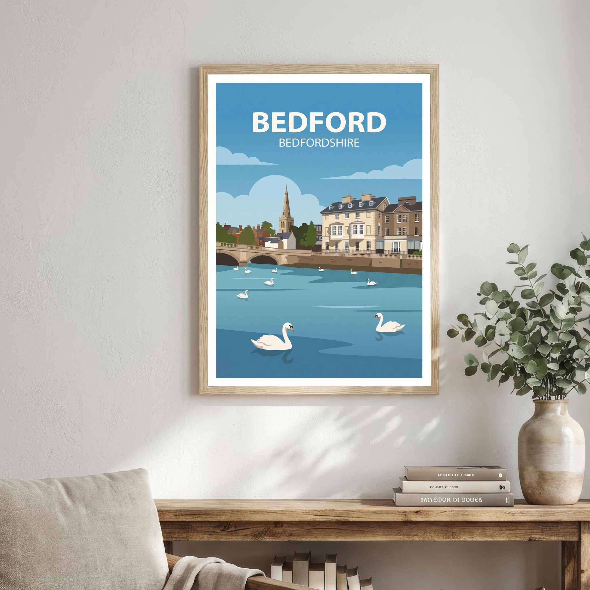 Bedford Bedfordshire Travel Poster Print England Wall Art Town Landscape Decor Gift for UK Travel Lovers and Fans of Scenic British