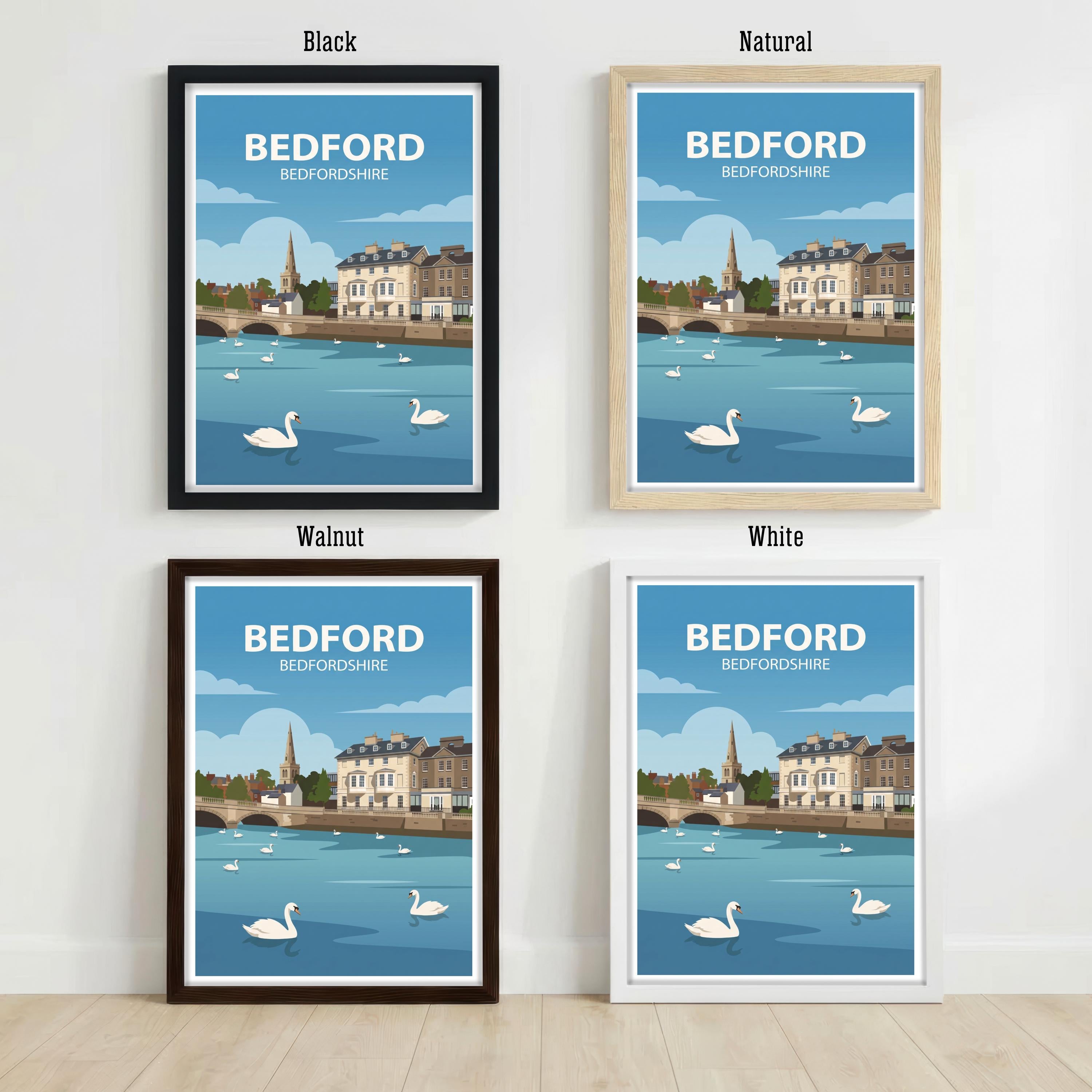 Bedford Bedfordshire Travel Poster Print England Wall Art Town Landscape Decor Gift for UK Travel Lovers and Fans of Scenic British