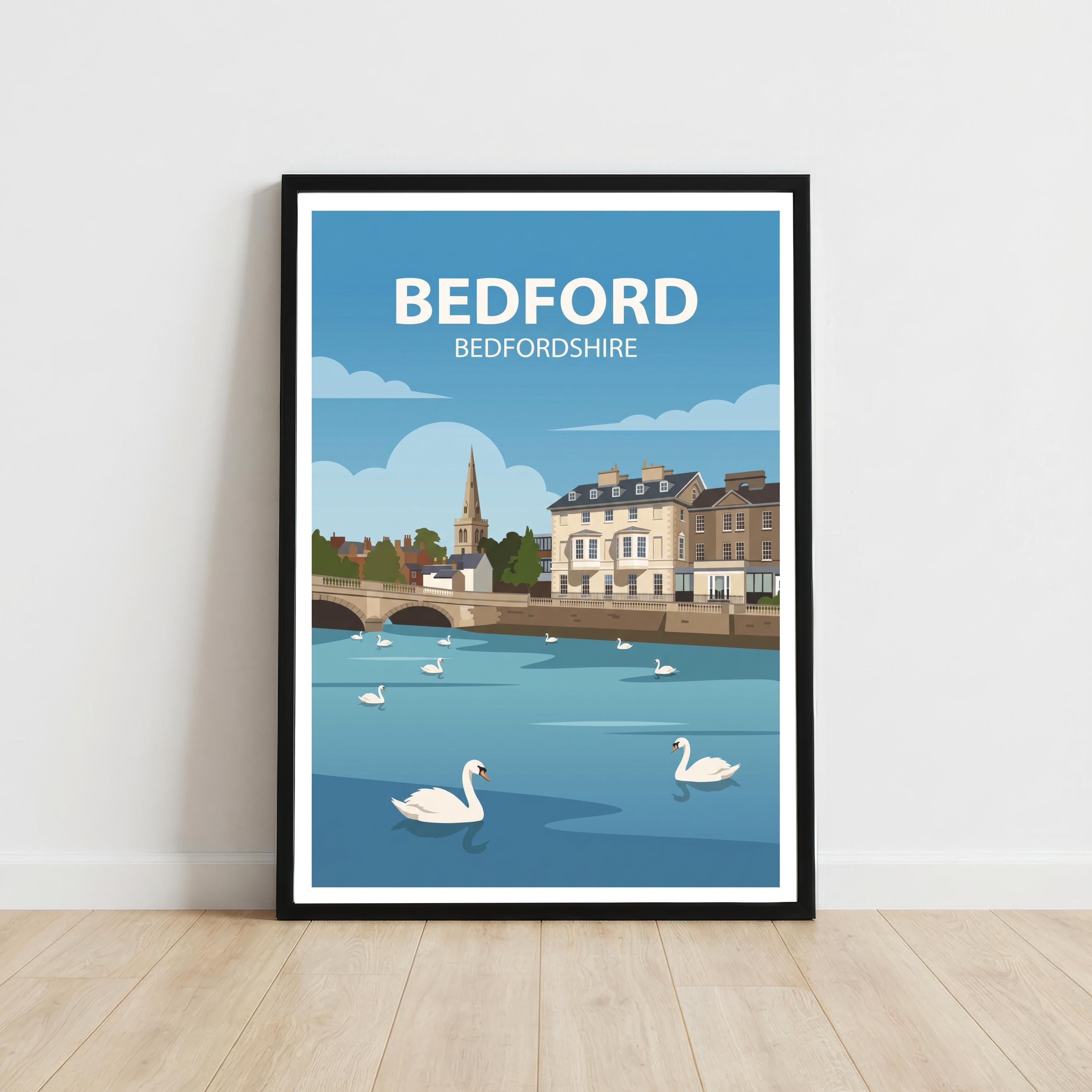 Bedford Bedfordshire Travel Poster Print England Wall Art Town Landscape Decor Gift for UK Travel Lovers and Fans of Scenic British