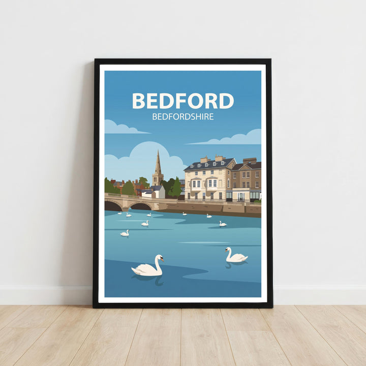 Bedford Bedfordshire Travel Poster Print England Wall Art Town Landscape Decor Gift for UK Travel Lovers and Fans of Scenic British