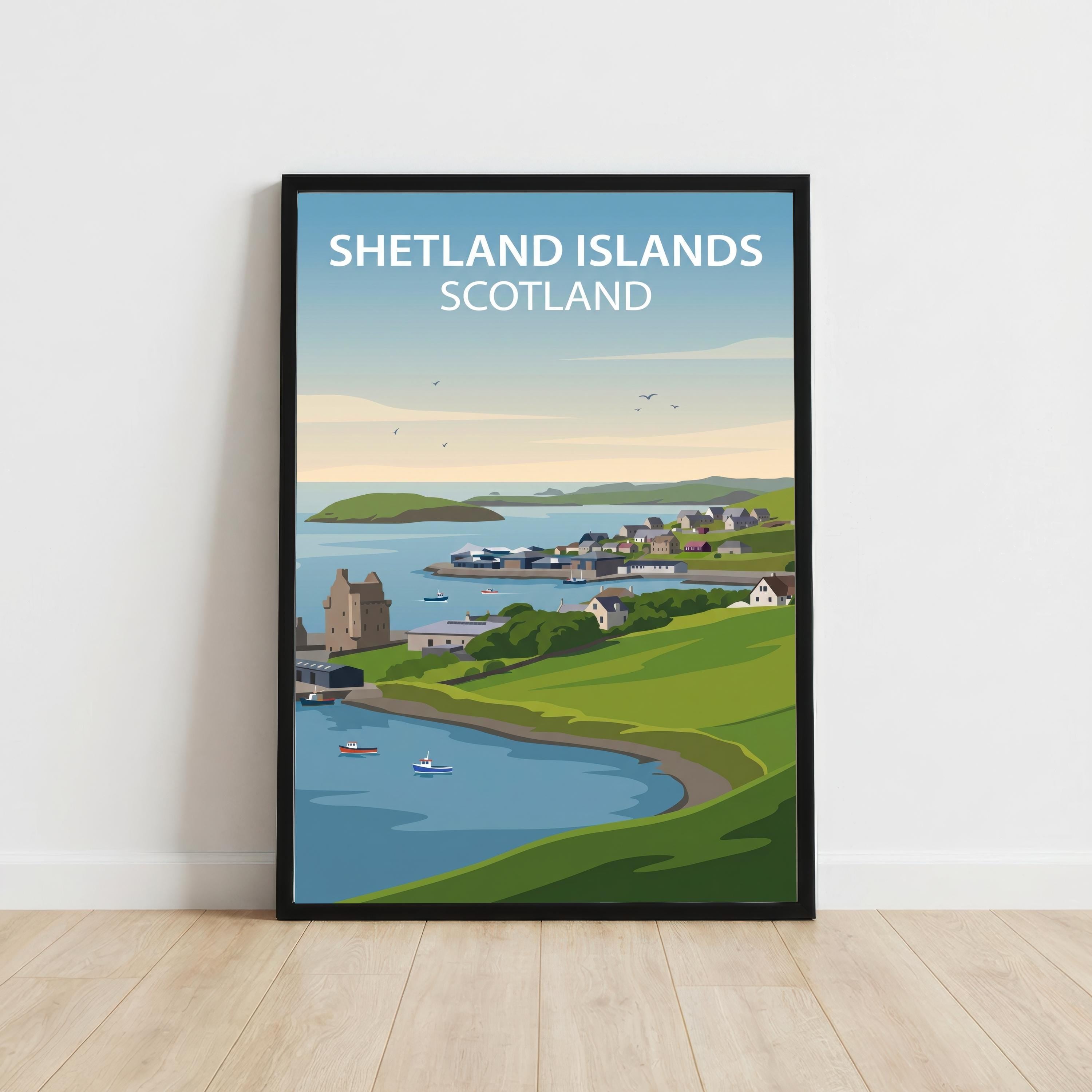 Shetland Islands Watercolour Painting Poster Scotland Wall Art Coastal Landscape Print Gift for UK Travel Lovers and Scenic Decor Fans