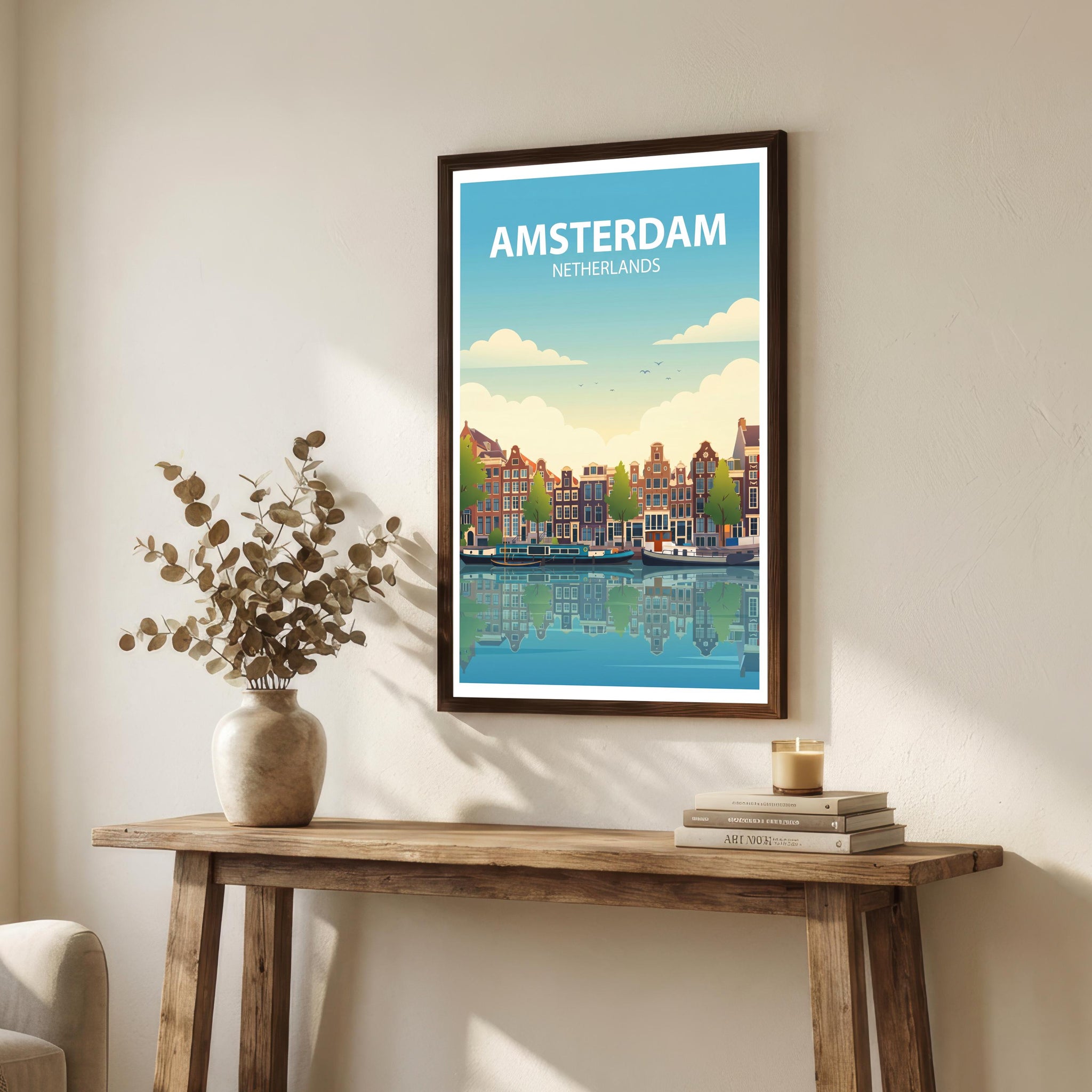 Amsterdam Travel Poster Print Netherlands Wall Art Canal City Landscape Decor Gift for Europe Travel Lovers and Fans of Scenic Dutch