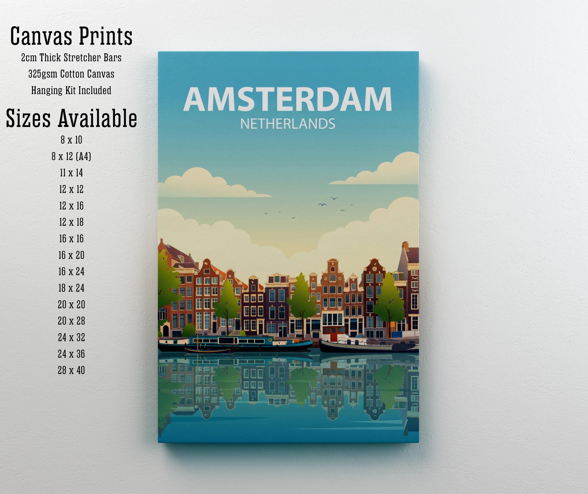 Amsterdam Travel Poster Print Netherlands Wall Art Canal City Landscape Decor Gift for Europe Travel Lovers and Fans of Scenic Dutch
