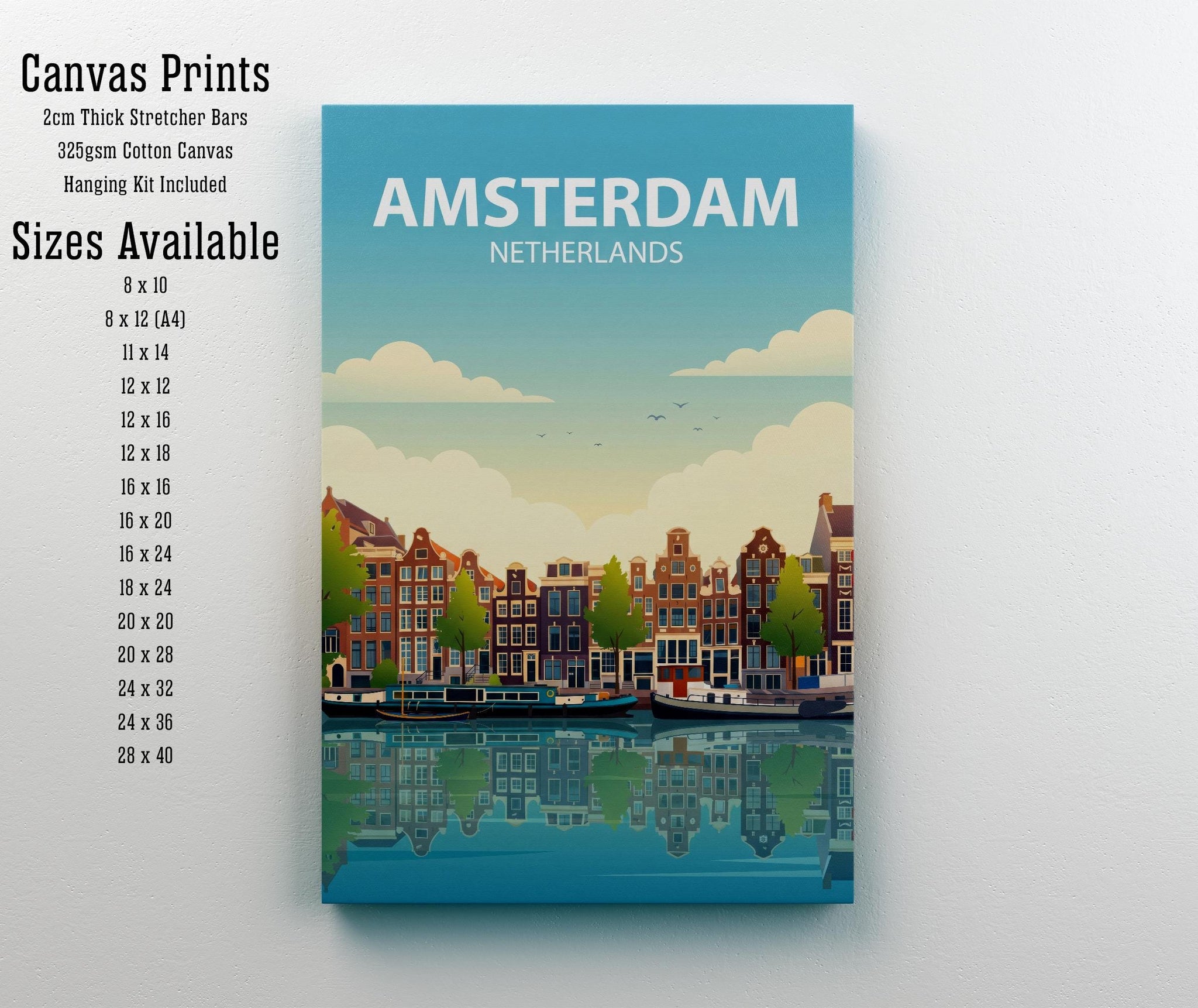 Amsterdam Travel Poster Print Netherlands Wall Art Canal City Landscape Decor Gift for Europe Travel Lovers and Fans of Scenic Dutch