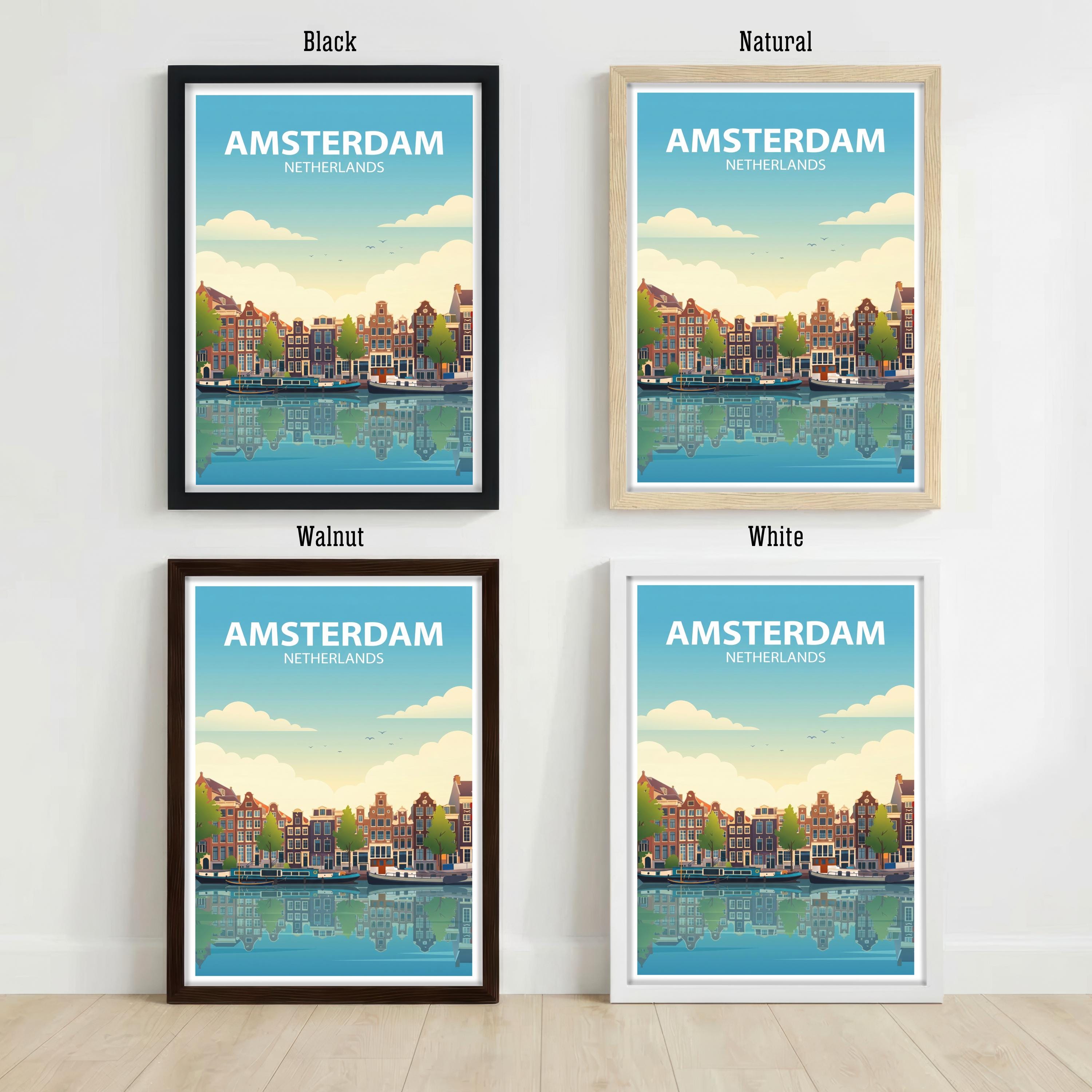 Amsterdam Travel Poster Print Netherlands Wall Art Canal City Landscape Decor Gift for Europe Travel Lovers and Fans of Scenic Dutch