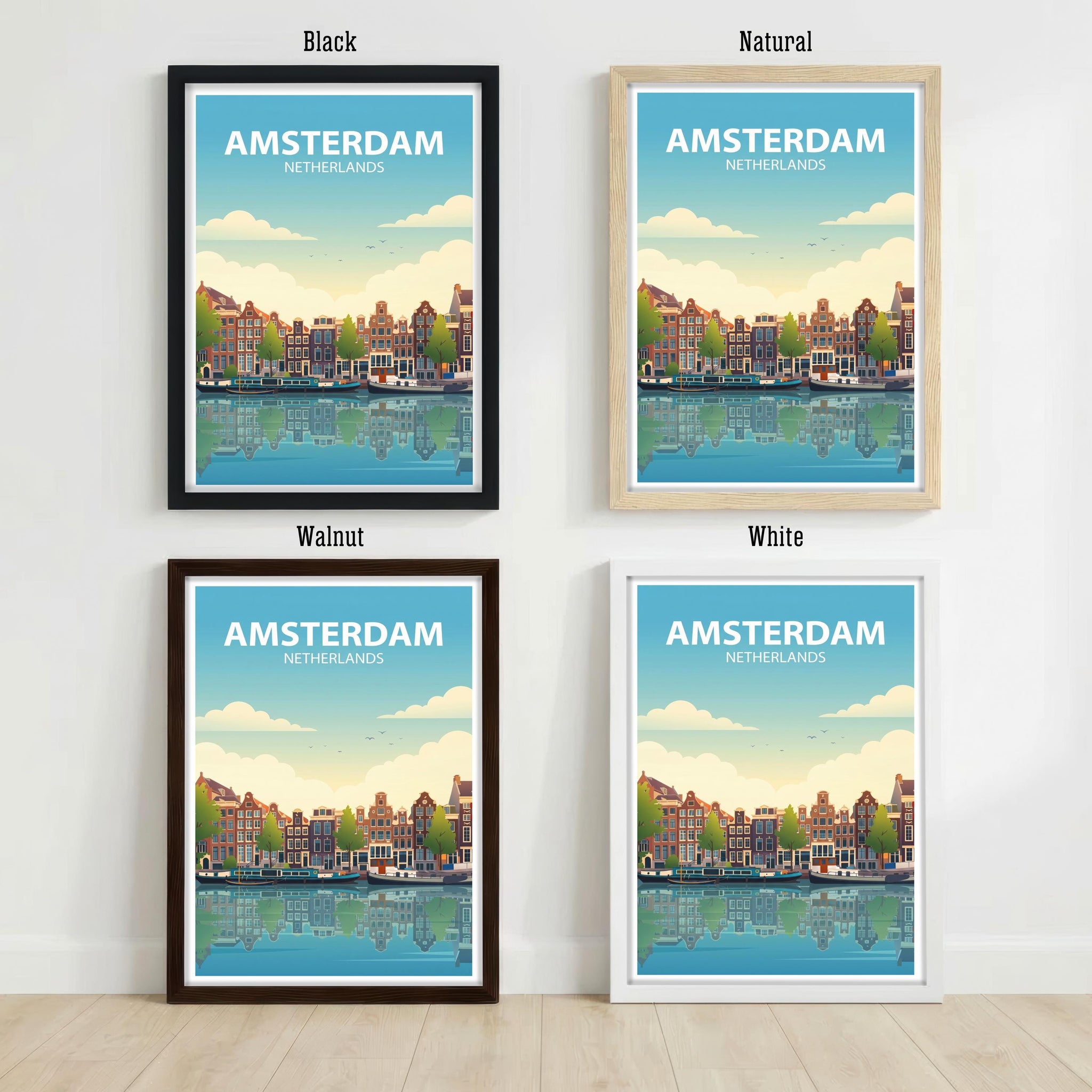 Amsterdam Travel Poster Print Netherlands Wall Art Canal City Landscape Decor Gift for Europe Travel Lovers and Fans of Scenic Dutch