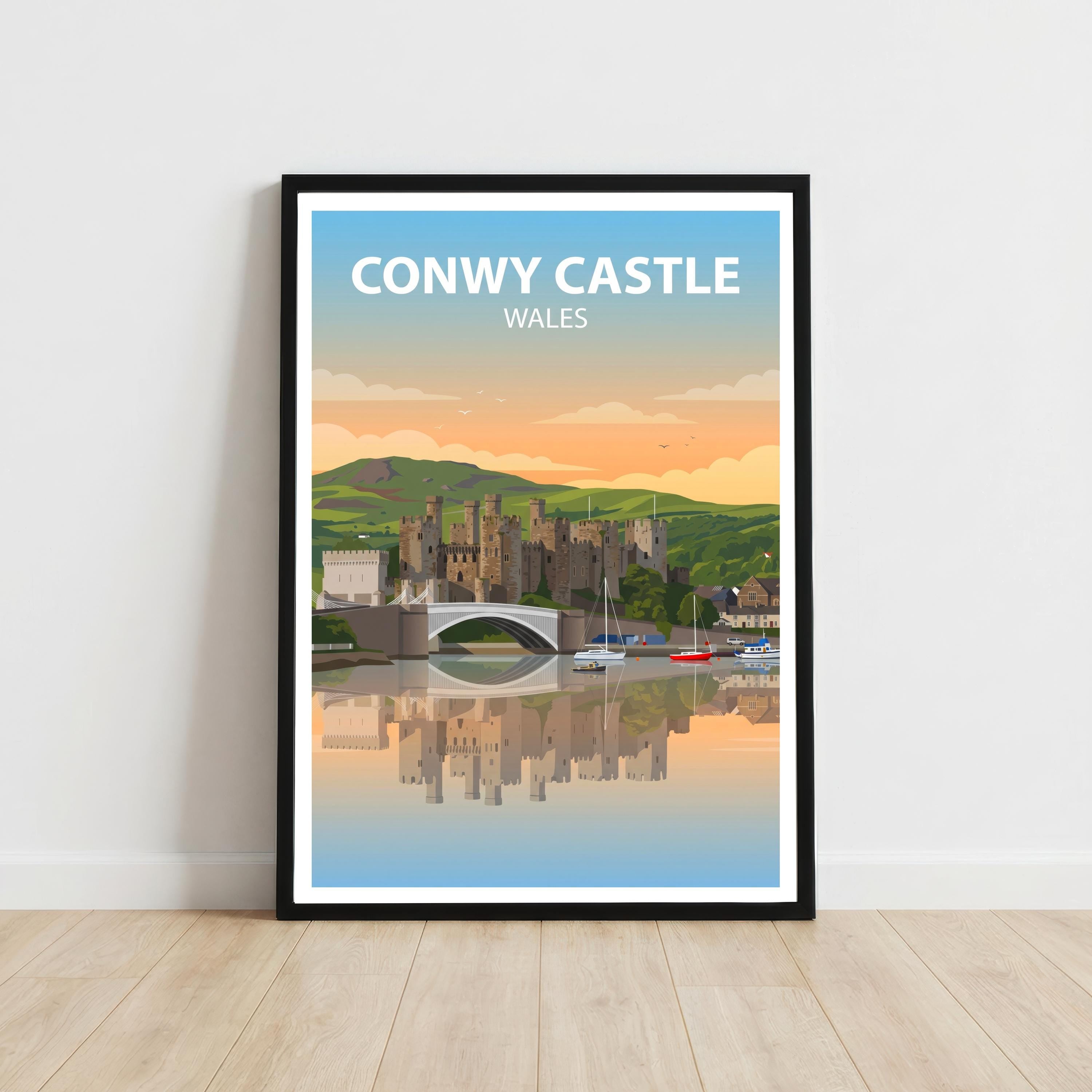 Conwy Castle Travel Poster Print Wales Wall Art Historic Castle Landscape Decor Gift for UK Travel Lovers and Scenic Heritage Fans