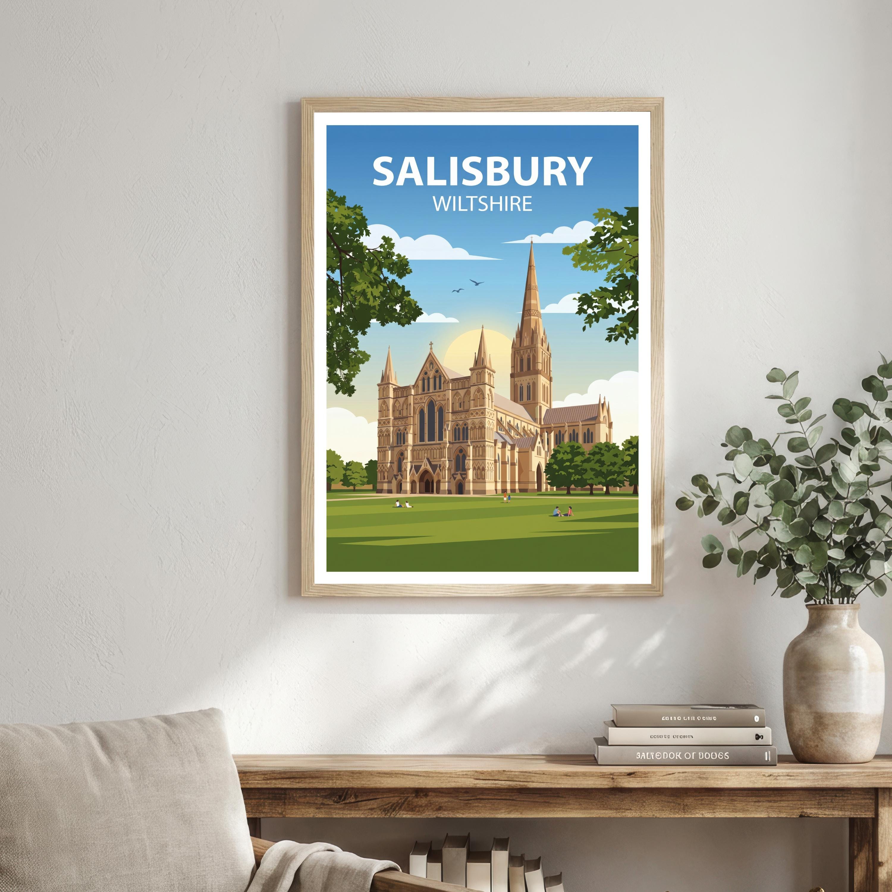 Salisbury Travel Poster Print England Wall Art Historic City Architecture Landscape Decor Gift for UK Travel Lovers and Scenic Decor Fans