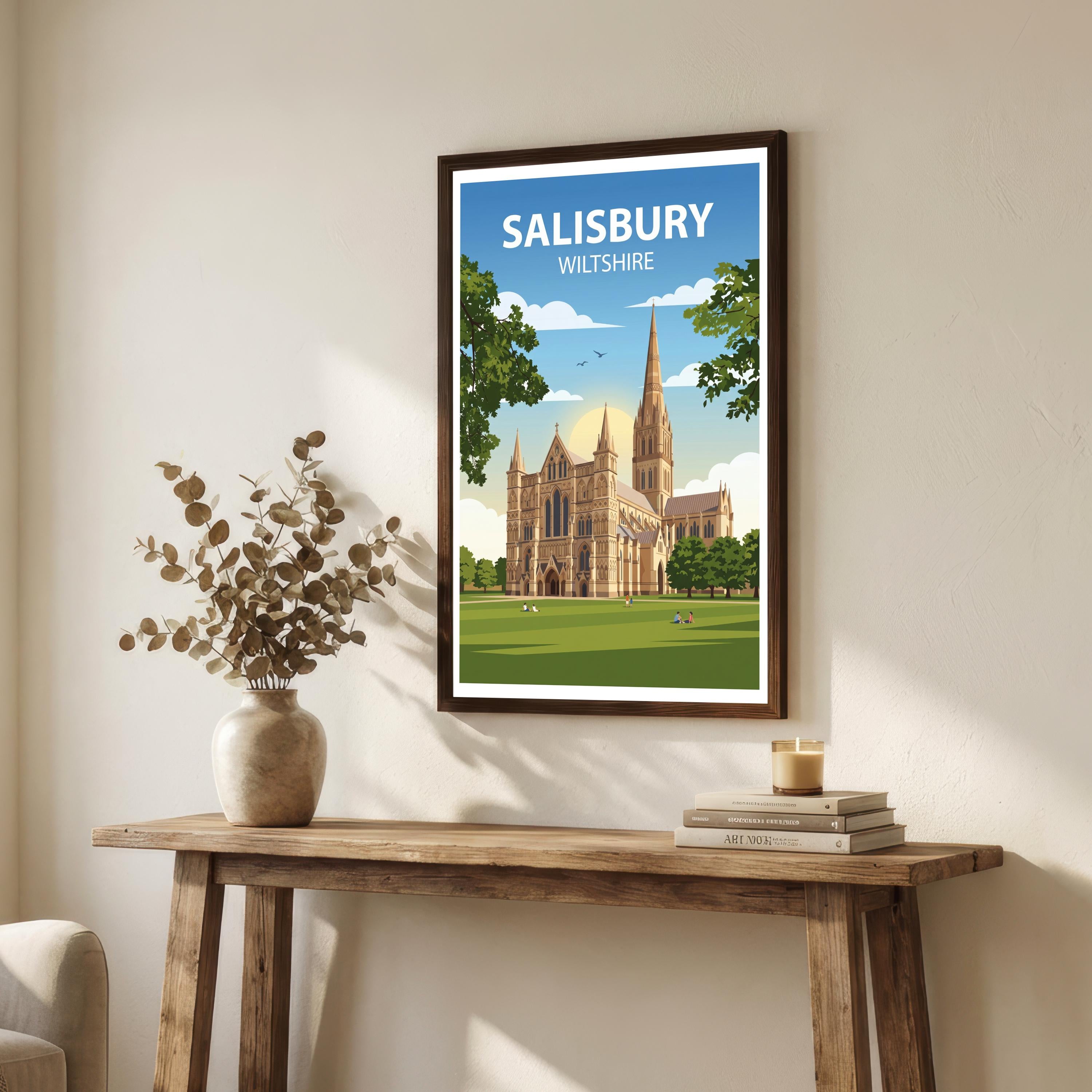Salisbury Travel Poster Print England Wall Art Historic City Architecture Landscape Decor Gift for UK Travel Lovers and Scenic Decor Fans