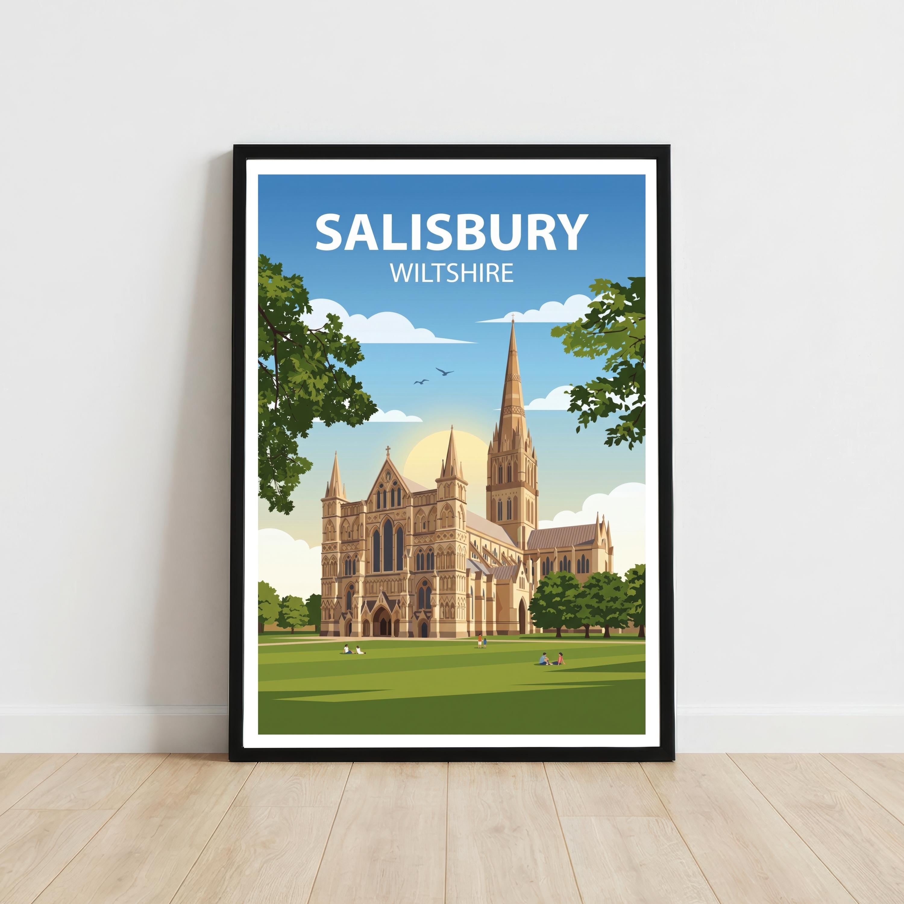Salisbury Travel Poster Print England Wall Art Historic City Architecture Landscape Decor Gift for UK Travel Lovers and Scenic Decor Fans