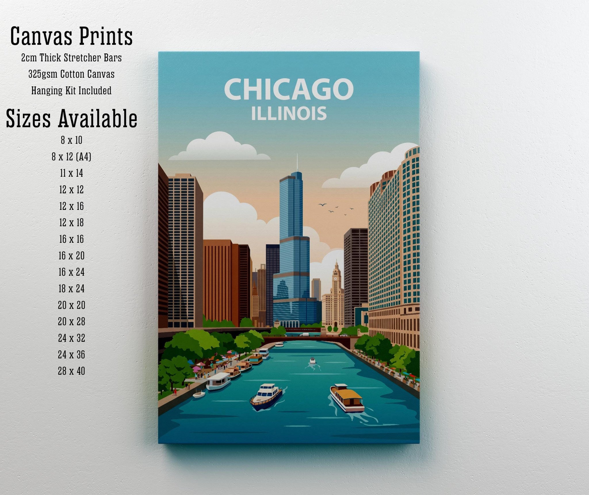 Chicago Travel Poster Print USA Wall Art City Skyline Landscape Decor Gift for Travel Lovers and Fans of Scenic American Urban Architecture