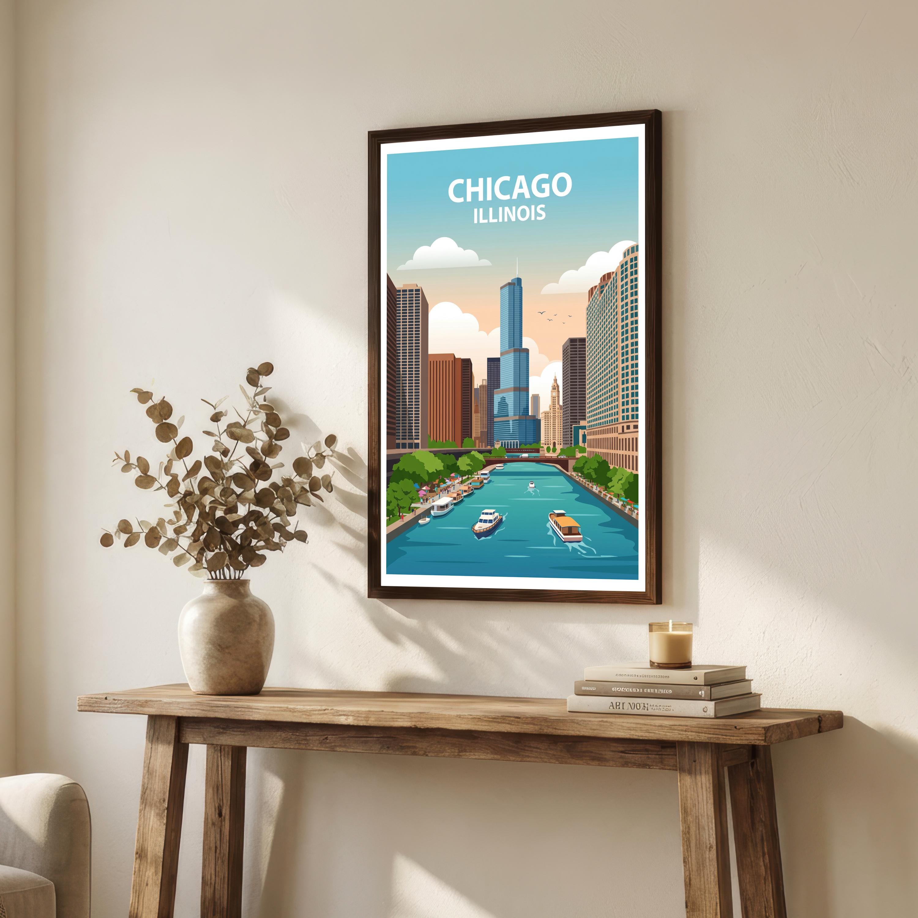 Chicago Travel Poster Print USA Wall Art City Skyline Landscape Decor Gift for Travel Lovers and Fans of Scenic American Urban Architecture