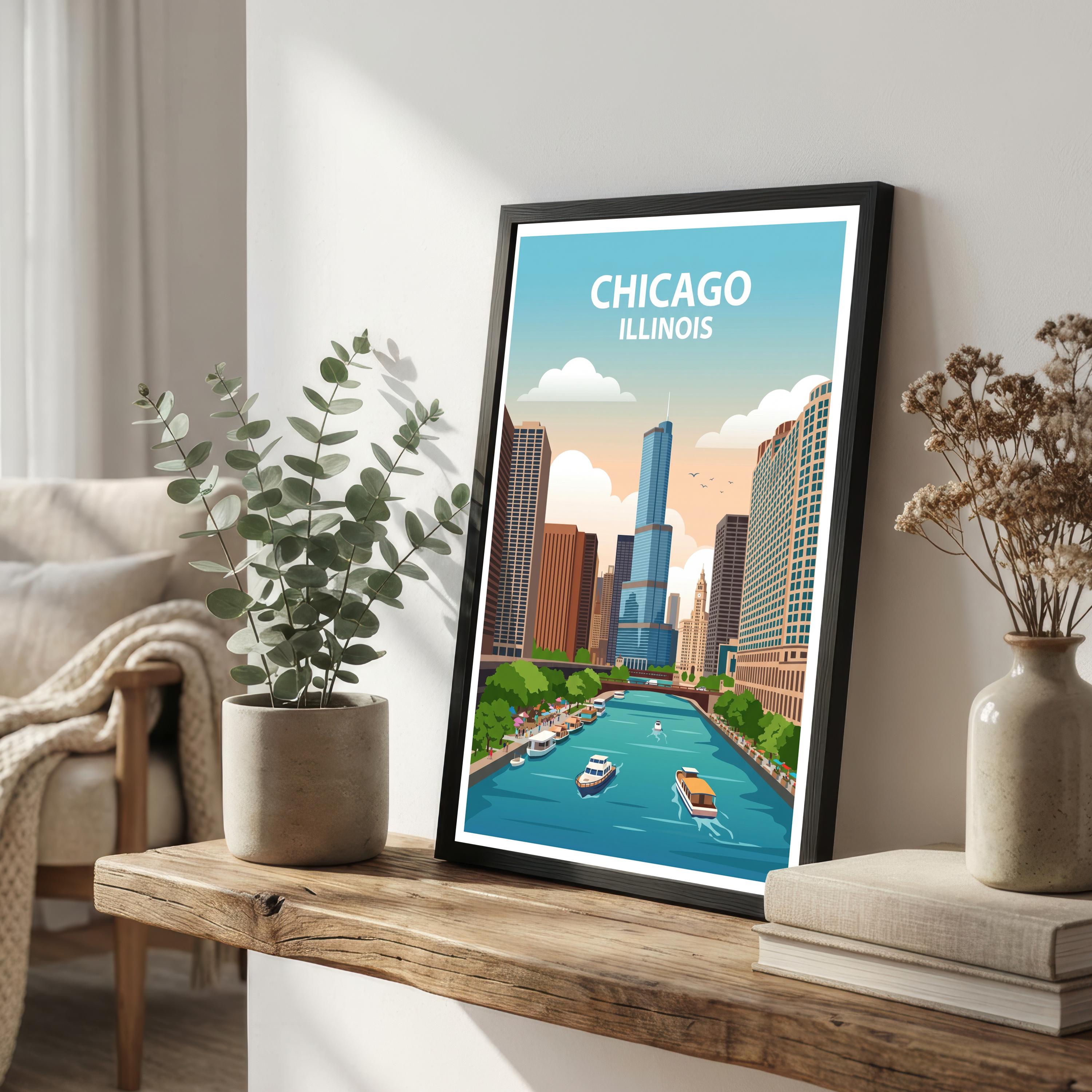 Chicago Travel Poster Print USA Wall Art City Skyline Landscape Decor Gift for Travel Lovers and Fans of Scenic American Urban Architecture