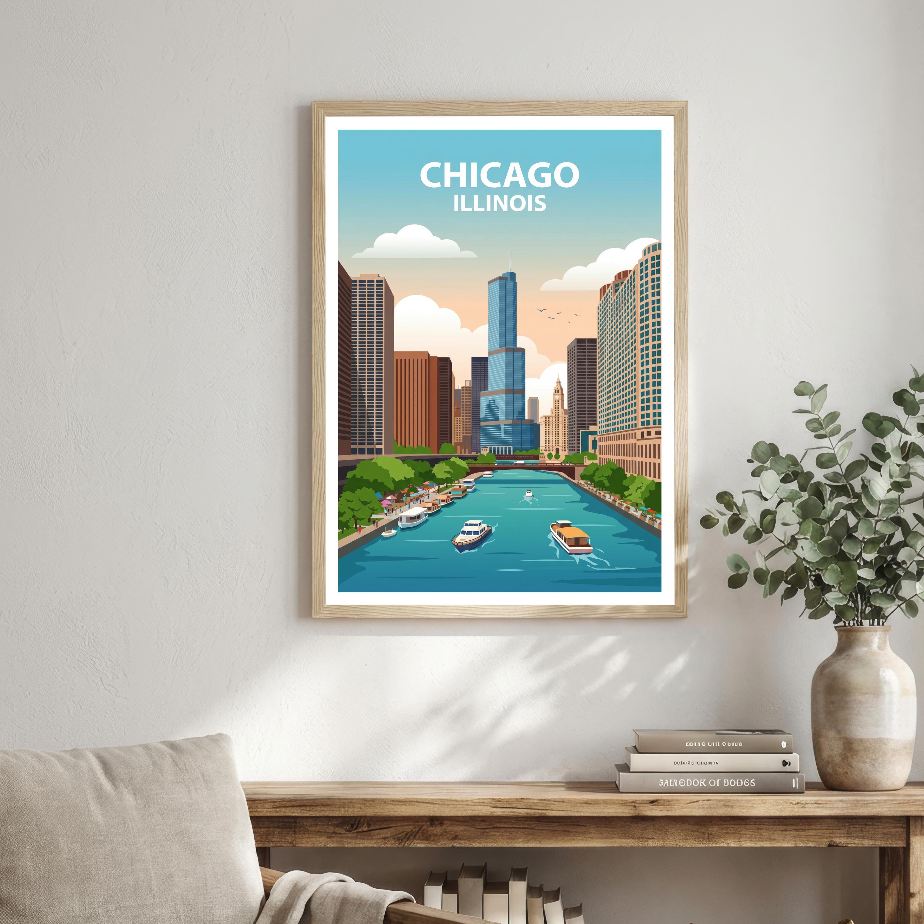 Chicago Travel Poster Print USA Wall Art City Skyline Landscape Decor Gift for Travel Lovers and Fans of Scenic American Urban Architecture