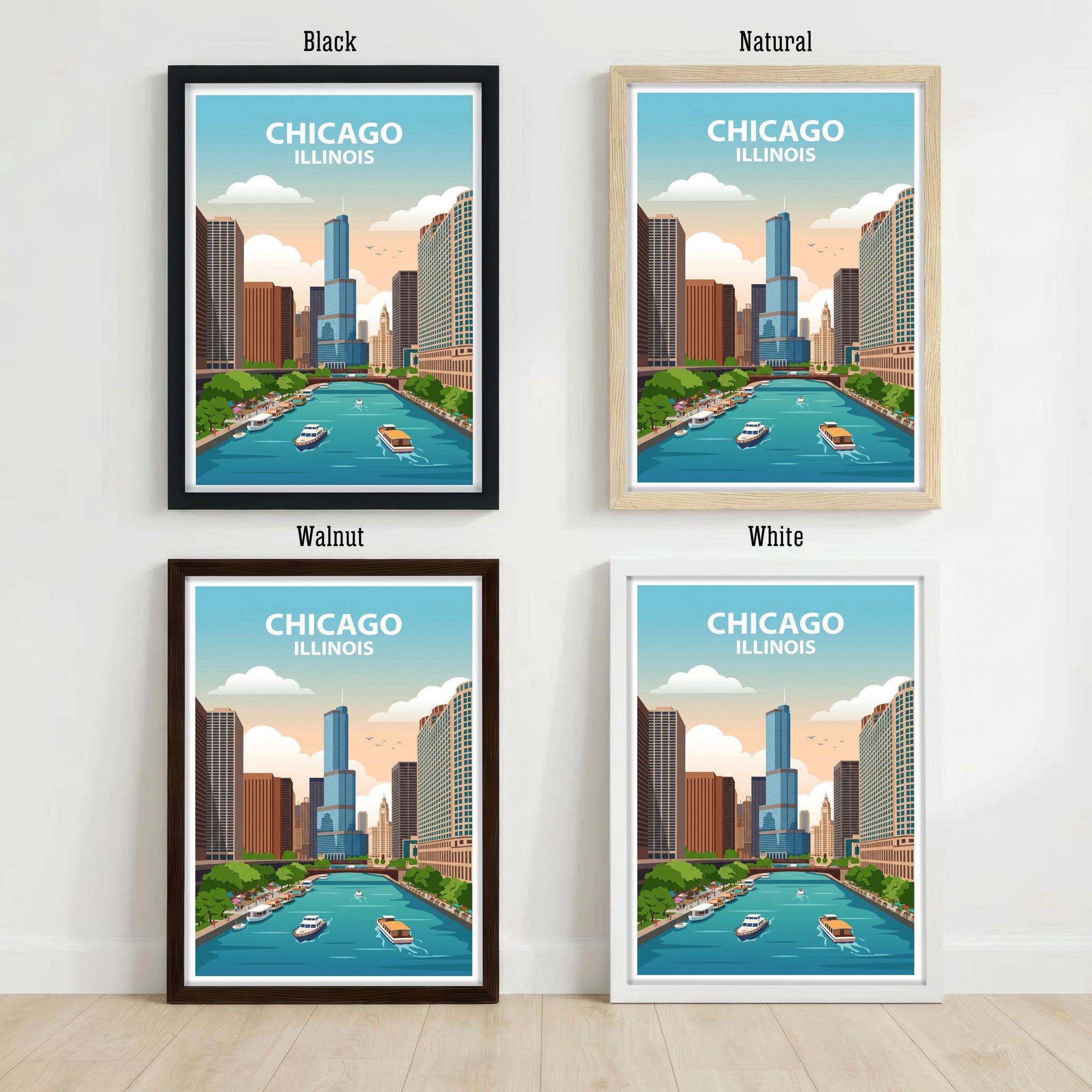 Chicago Travel Poster Print USA Wall Art City Skyline Landscape Decor Gift for Travel Lovers and Fans of Scenic American Urban Architecture