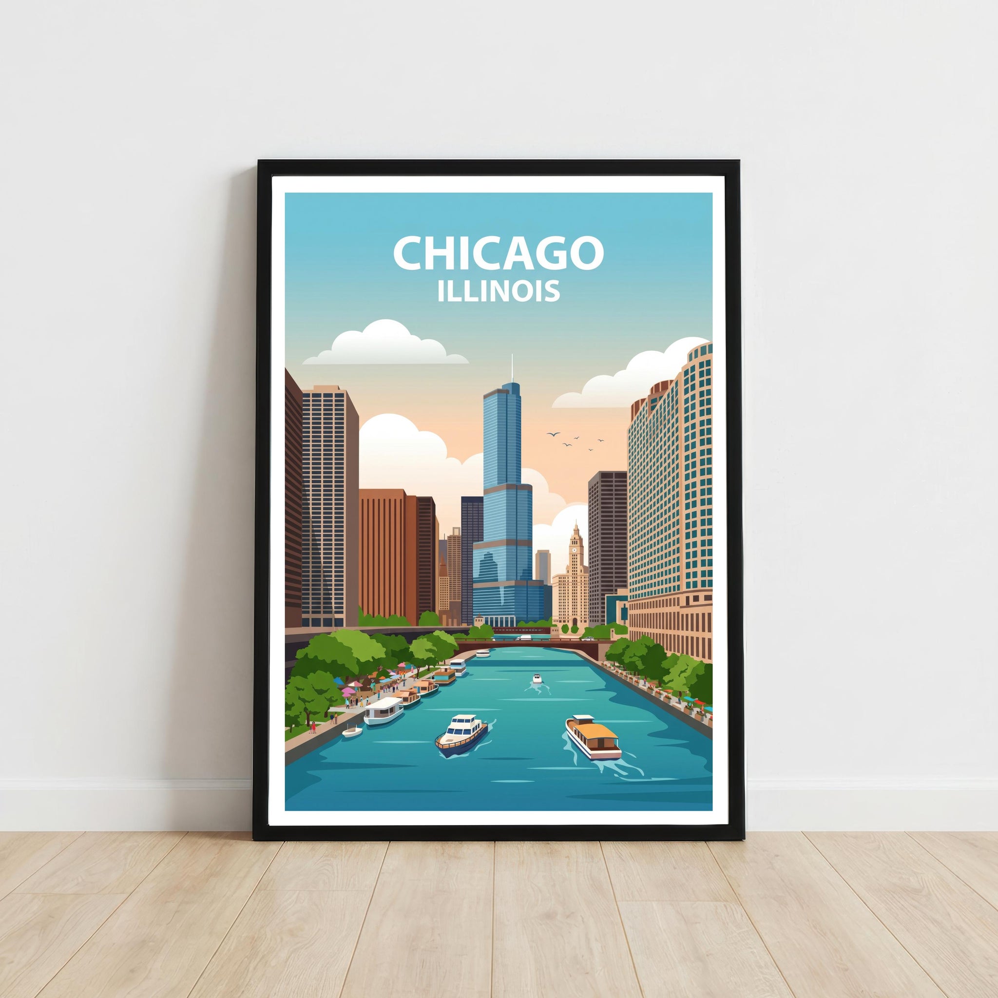 Chicago Travel Poster Print USA Wall Art City Skyline Landscape Decor Gift for Travel Lovers and Fans of Scenic American Urban Architecture