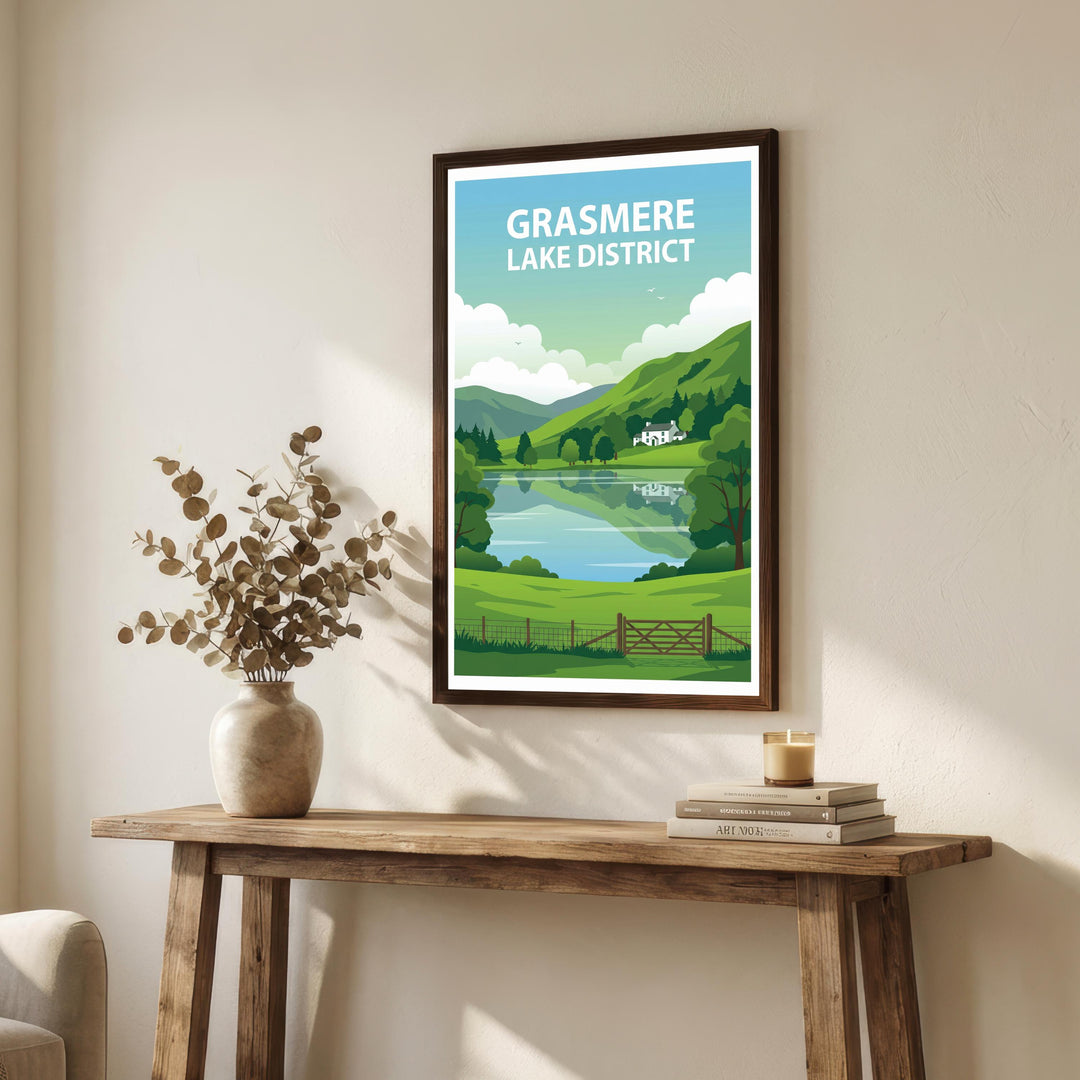 Grasmere Lake District Travel Poster Print England Wall Art Landscape Decor Gift for UK Travel Lovers and Scenic Countryside Fans