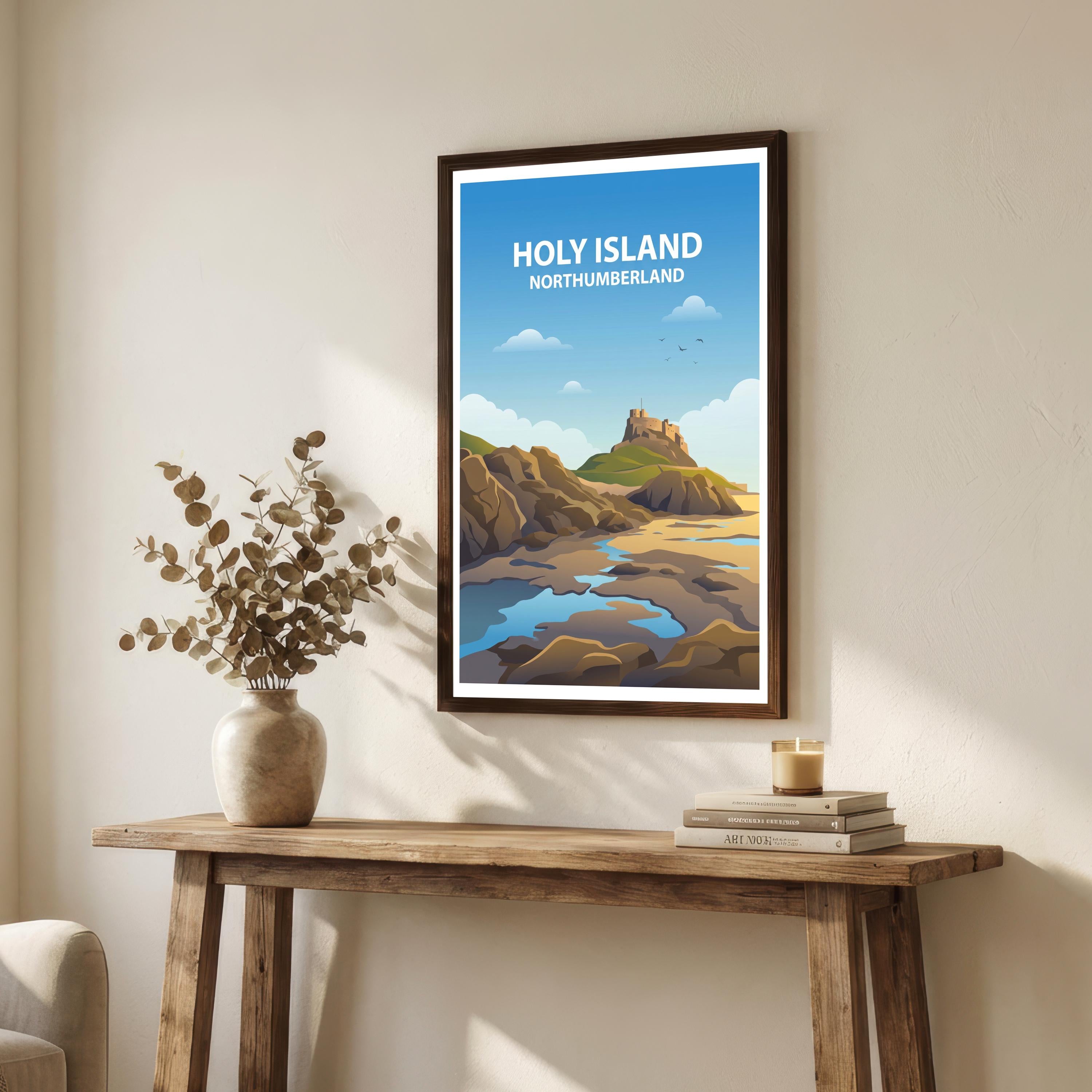 Holy Island Travel Poster Print England Wall Art Coastal Landscape Decor Gift for UK Travel Lovers and Scenic Heritage Fans