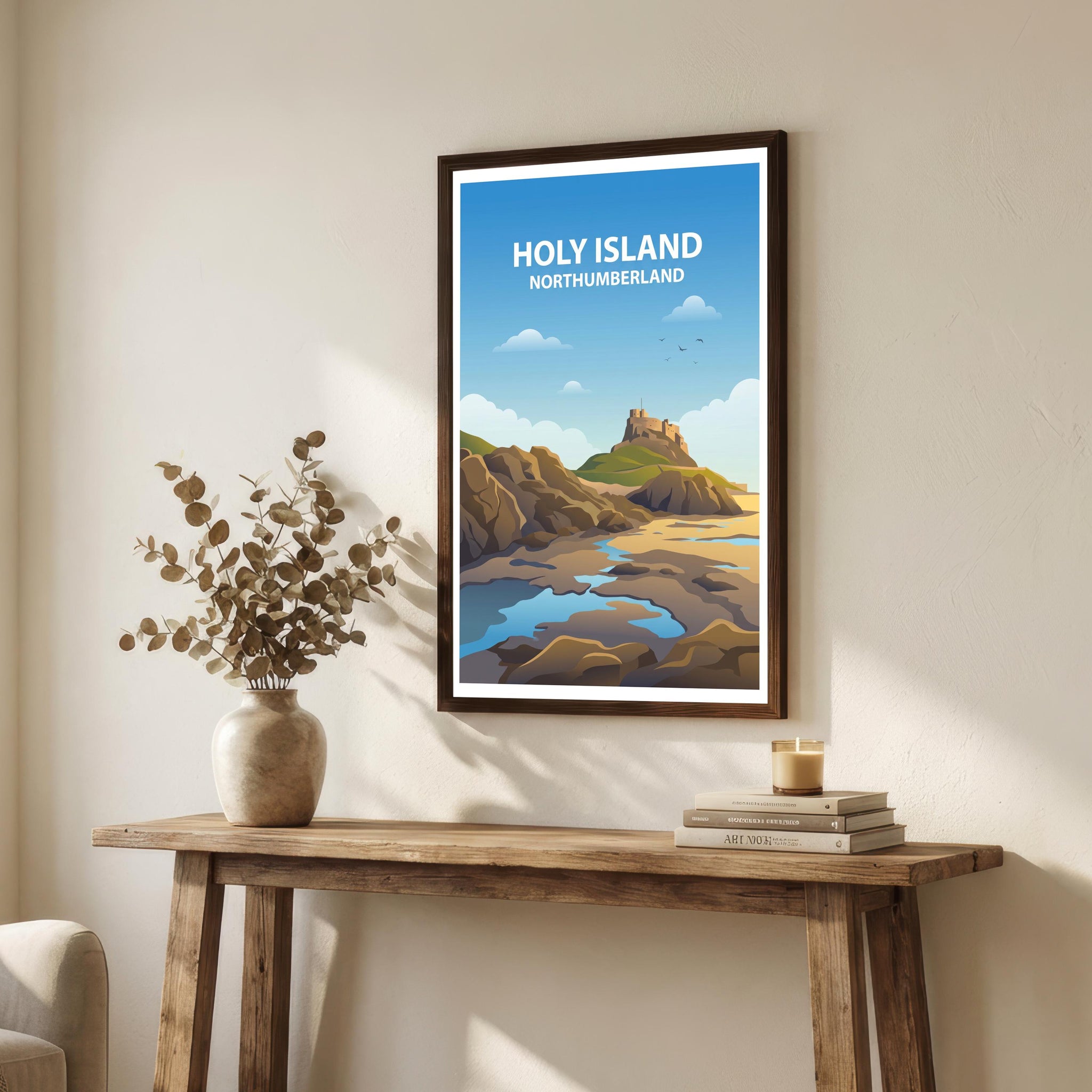 Holy Island Travel Poster Print England Wall Art Coastal Landscape Decor Gift for UK Travel Lovers and Scenic Heritage Fans