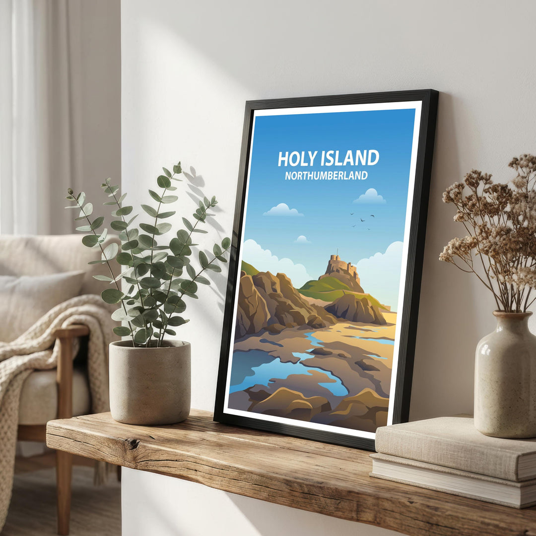 Holy Island Travel Poster Print England Wall Art Coastal Landscape Decor Gift for UK Travel Lovers and Scenic Heritage Fans