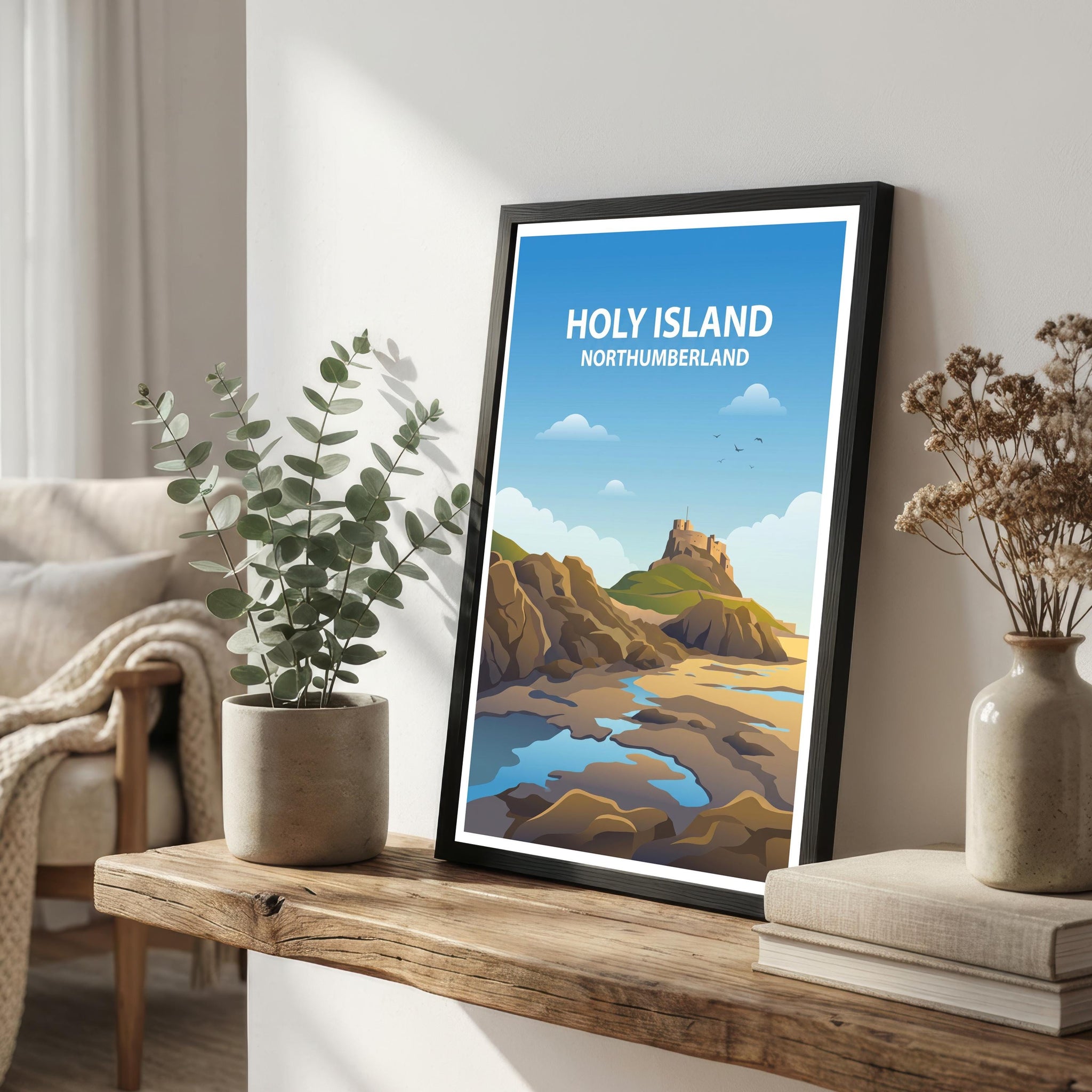 Holy Island Travel Poster Print England Wall Art Coastal Landscape Decor Gift for UK Travel Lovers and Scenic Heritage Fans