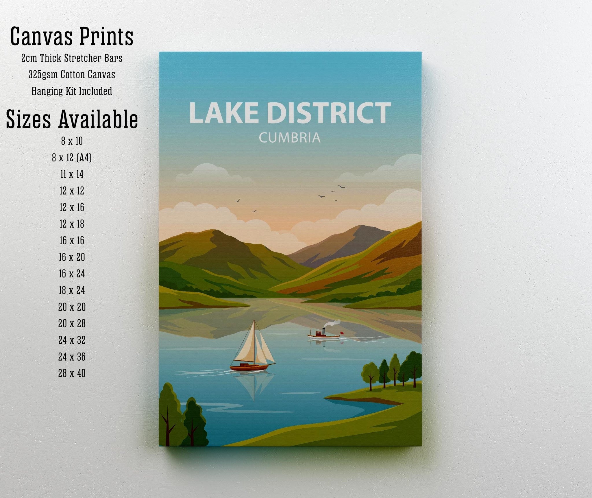 Lake District Cumbria Travel Poster Print, Scenic England Landscape Wall Art