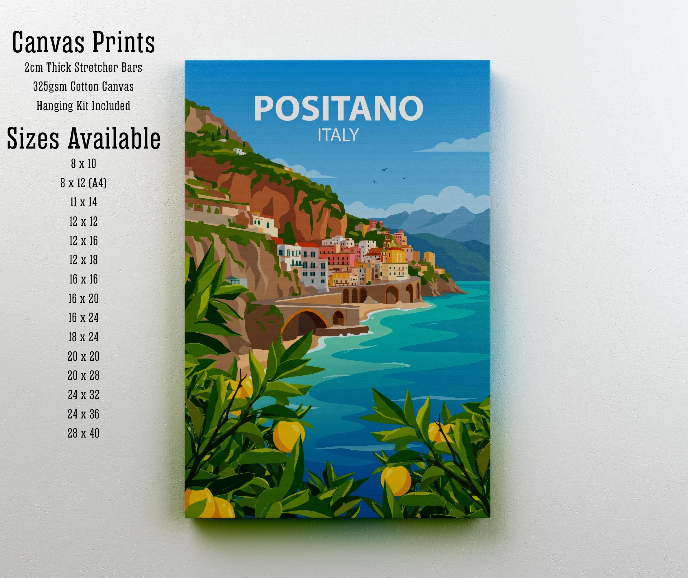 Positano Italy Travel Poster: Amalfi Coast Village Wall Art, Scenic Landscape Decor