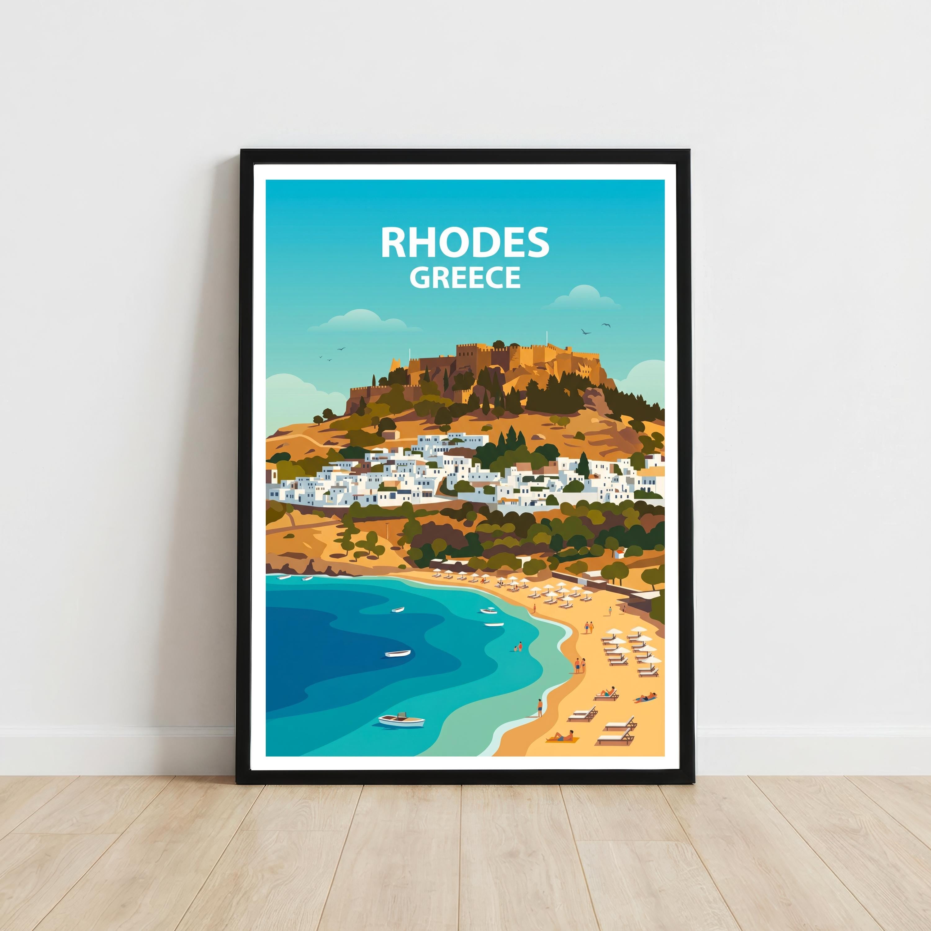 Rhodes Travel Poster Print Greece Wall Art Island Coastal Landscape Decor Gift for Europe Travel Lovers and Scenic Mediterranean Fans