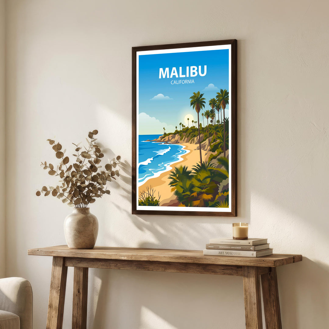 Malibu California Travel Poster Print USA Wall Art Coastal Landscape Decor Gift for Travel Lovers and Fans of Scenic Pacific Coast Views