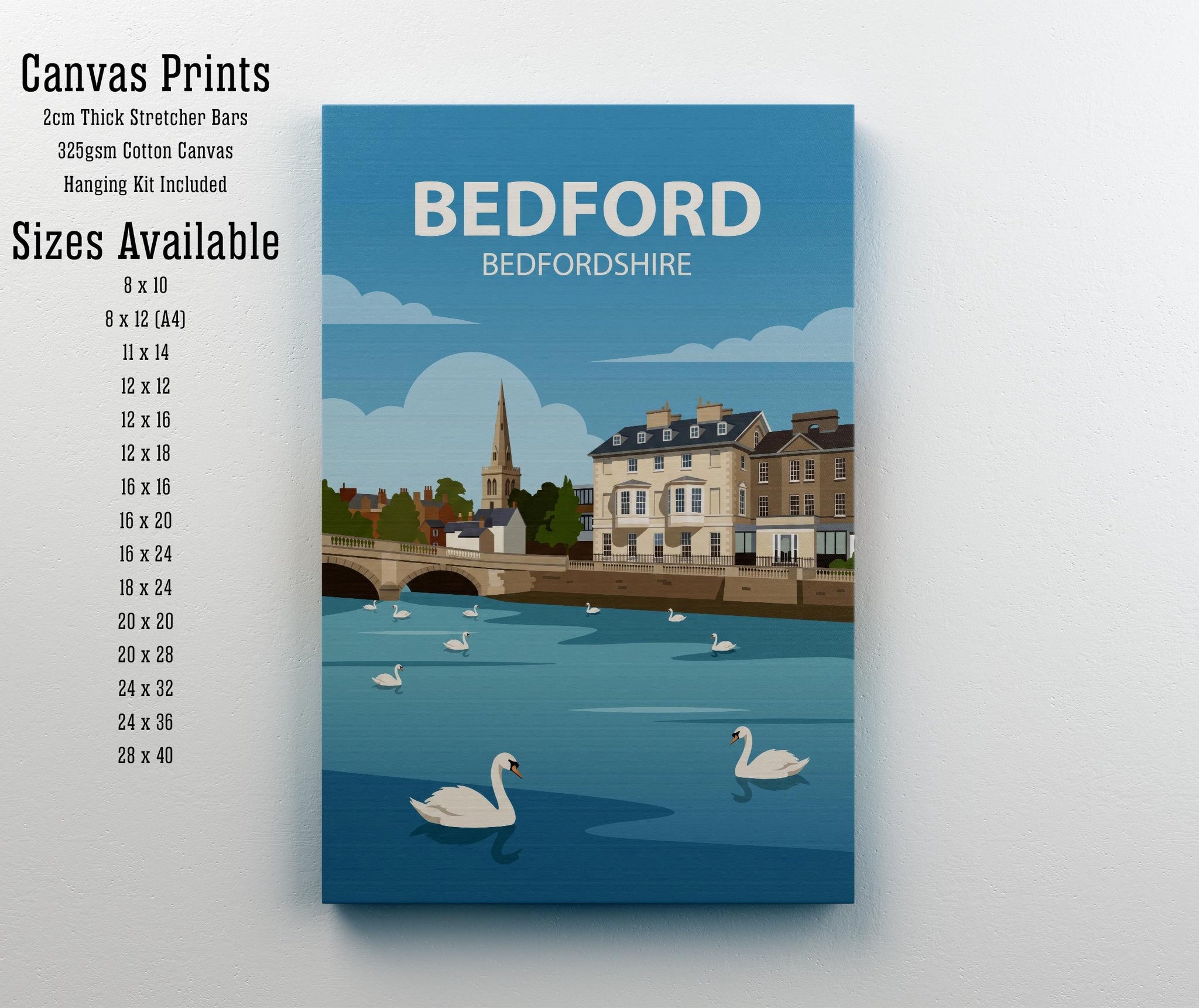 Bedford Bedfordshire Travel Poster Print England Wall Art Town Landscape Decor Gift for UK Travel Lovers and Fans of Scenic British