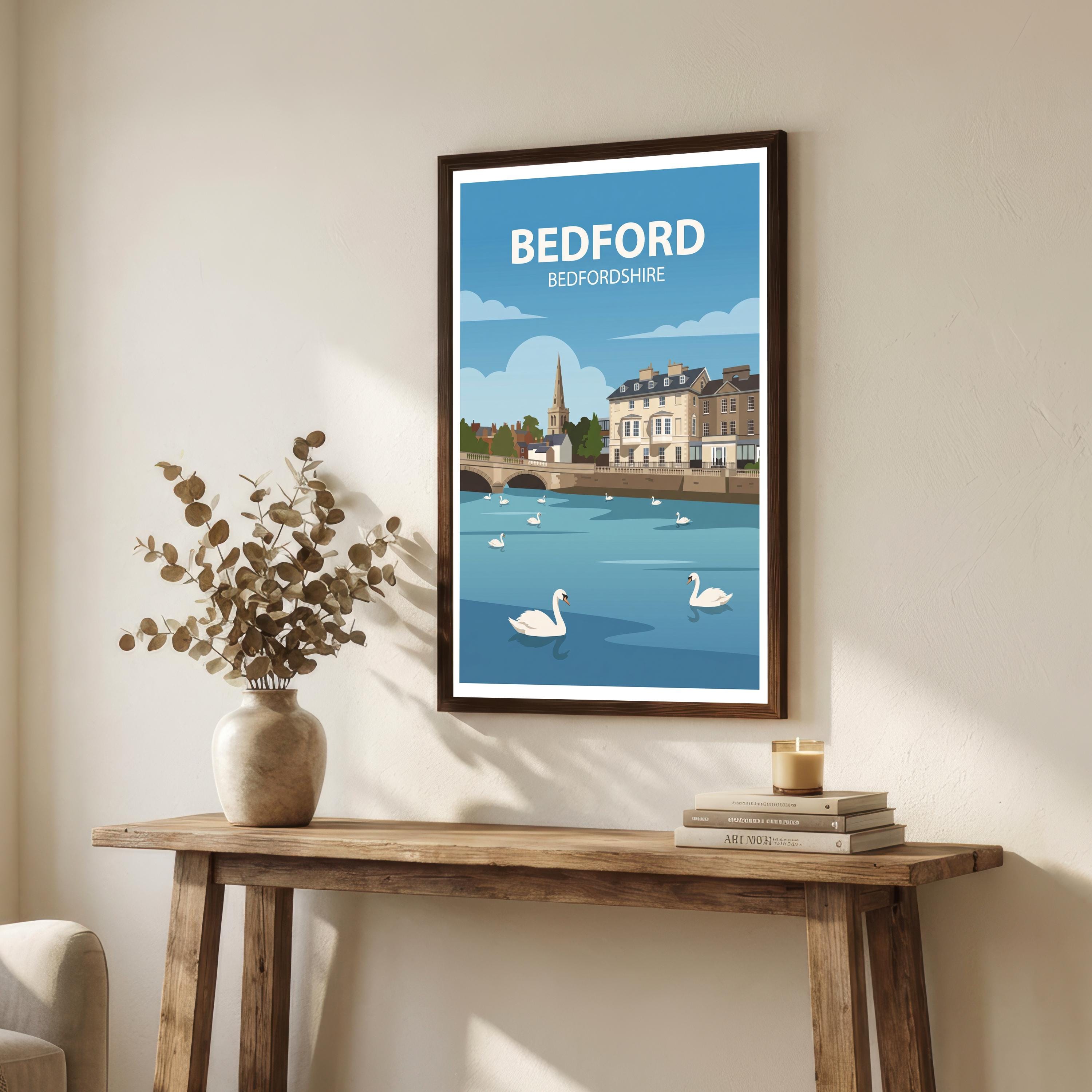 Bedford Bedfordshire Travel Poster Print England Wall Art Town Landscape Decor Gift for UK Travel Lovers and Fans of Scenic British
