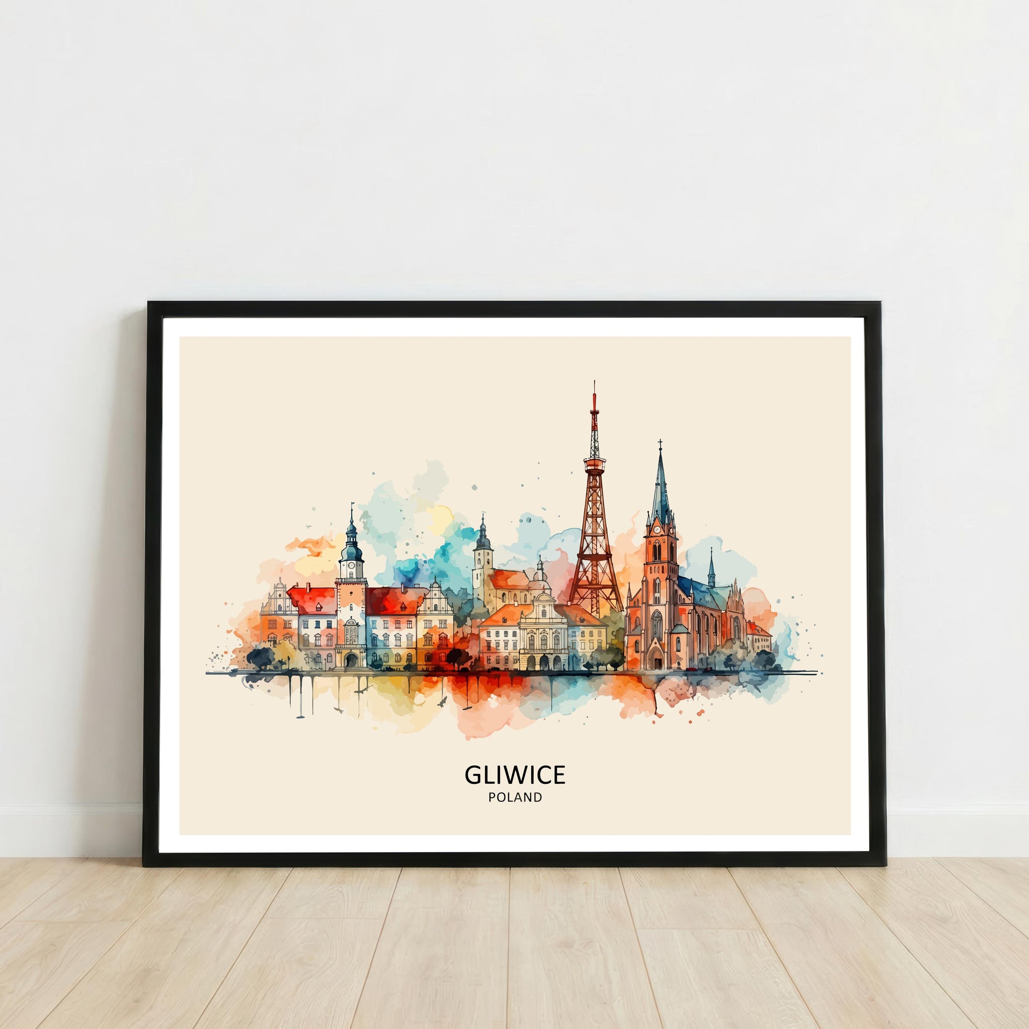 Gliwice Skyline Poland Print Modern Cityscape Art Polish Capital Poster Urban Landscape Wall Decor Historical Monuments Illustration
