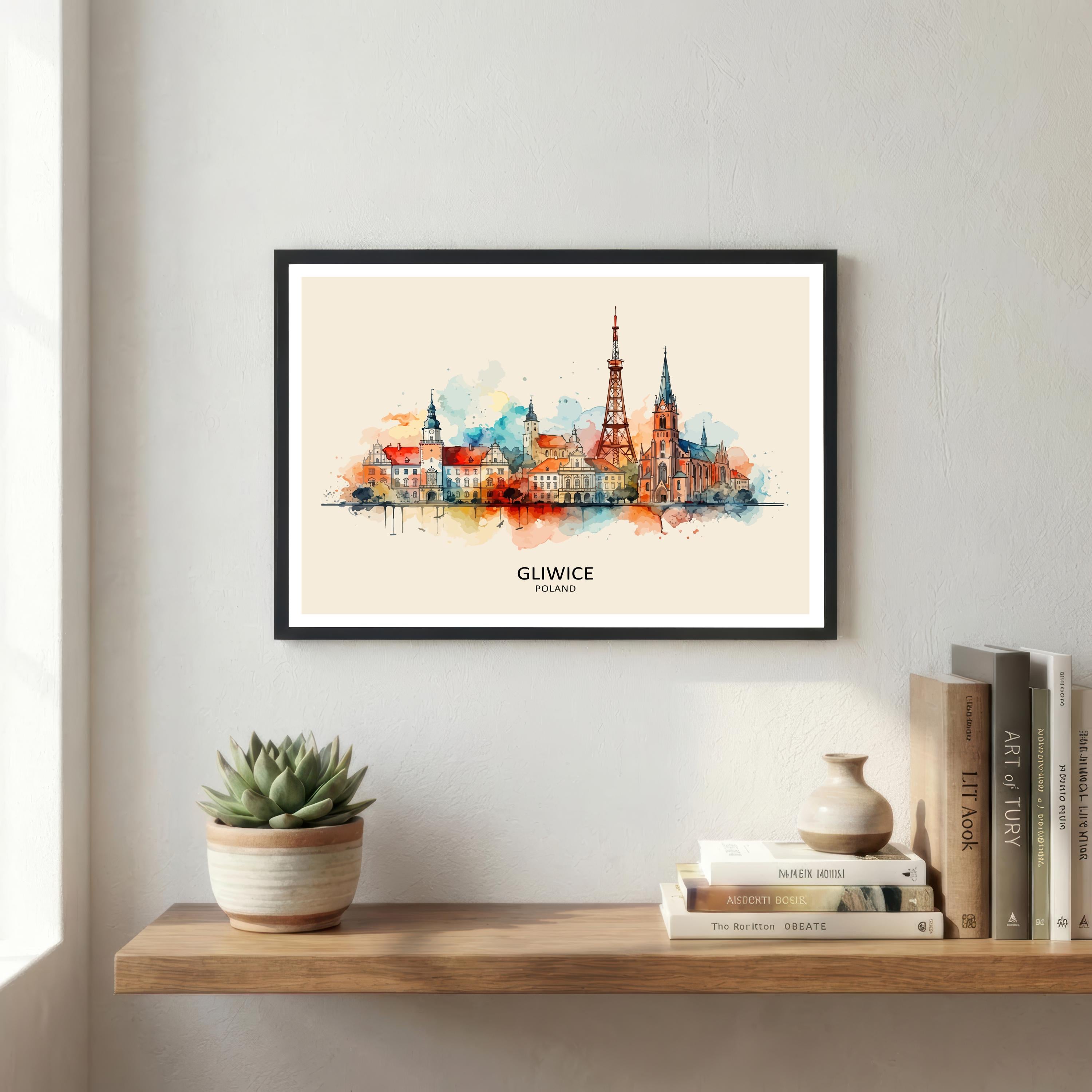 Gliwice Skyline Poland Print Modern Cityscape Art Polish Capital Poster Urban Landscape Wall Decor Historical Monuments Illustration