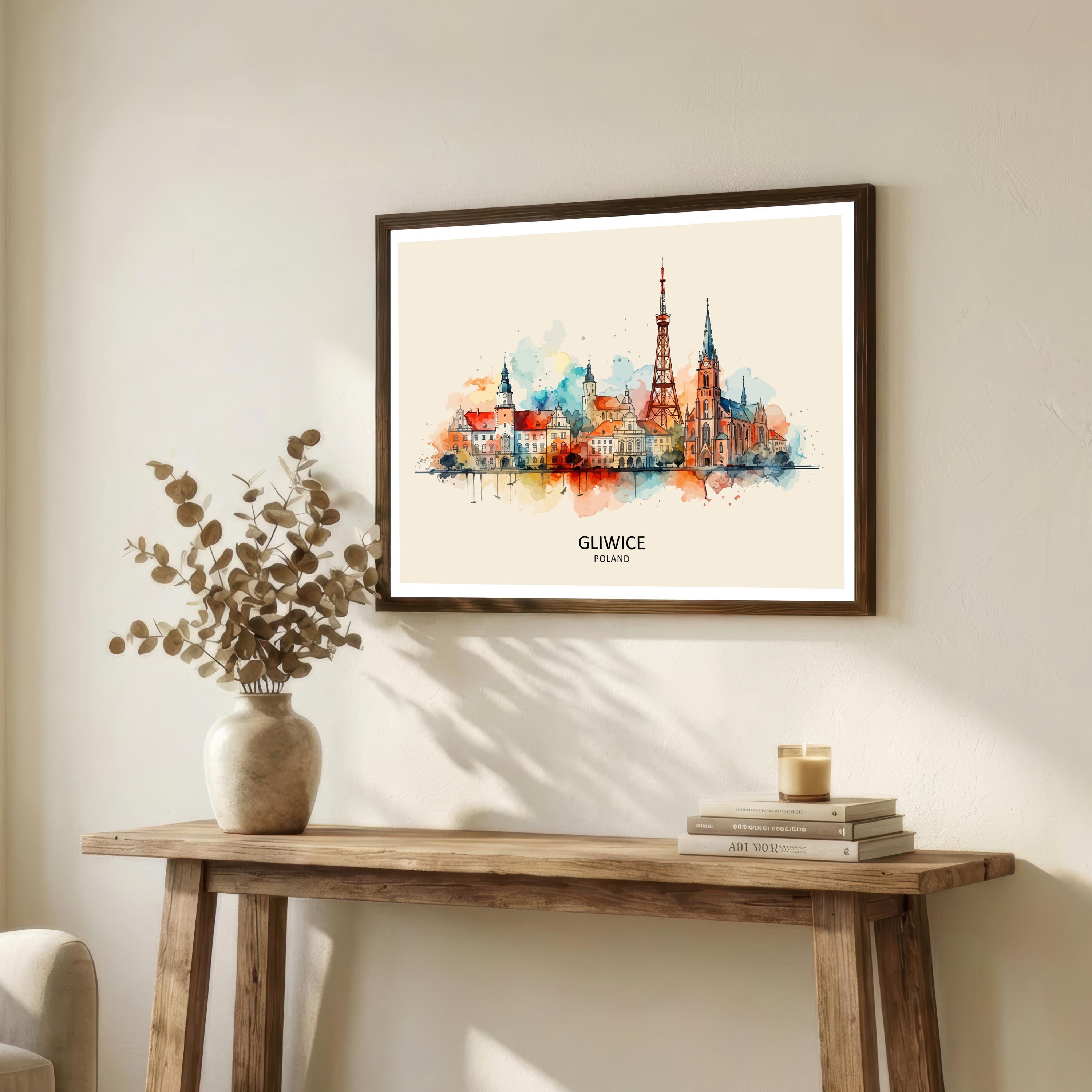 Gliwice Skyline Poland Print Modern Cityscape Art Polish Capital Poster Urban Landscape Wall Decor Historical Monuments Illustration