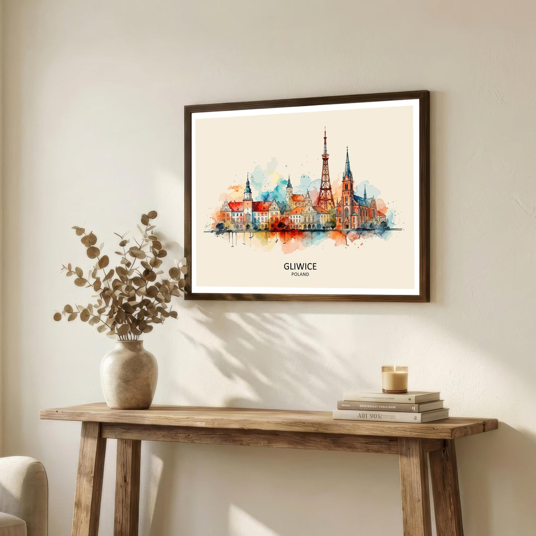 Gliwice Skyline Poland Print Modern Cityscape Art Polish Capital Poster Urban Landscape Wall Decor Historical Monuments Illustration