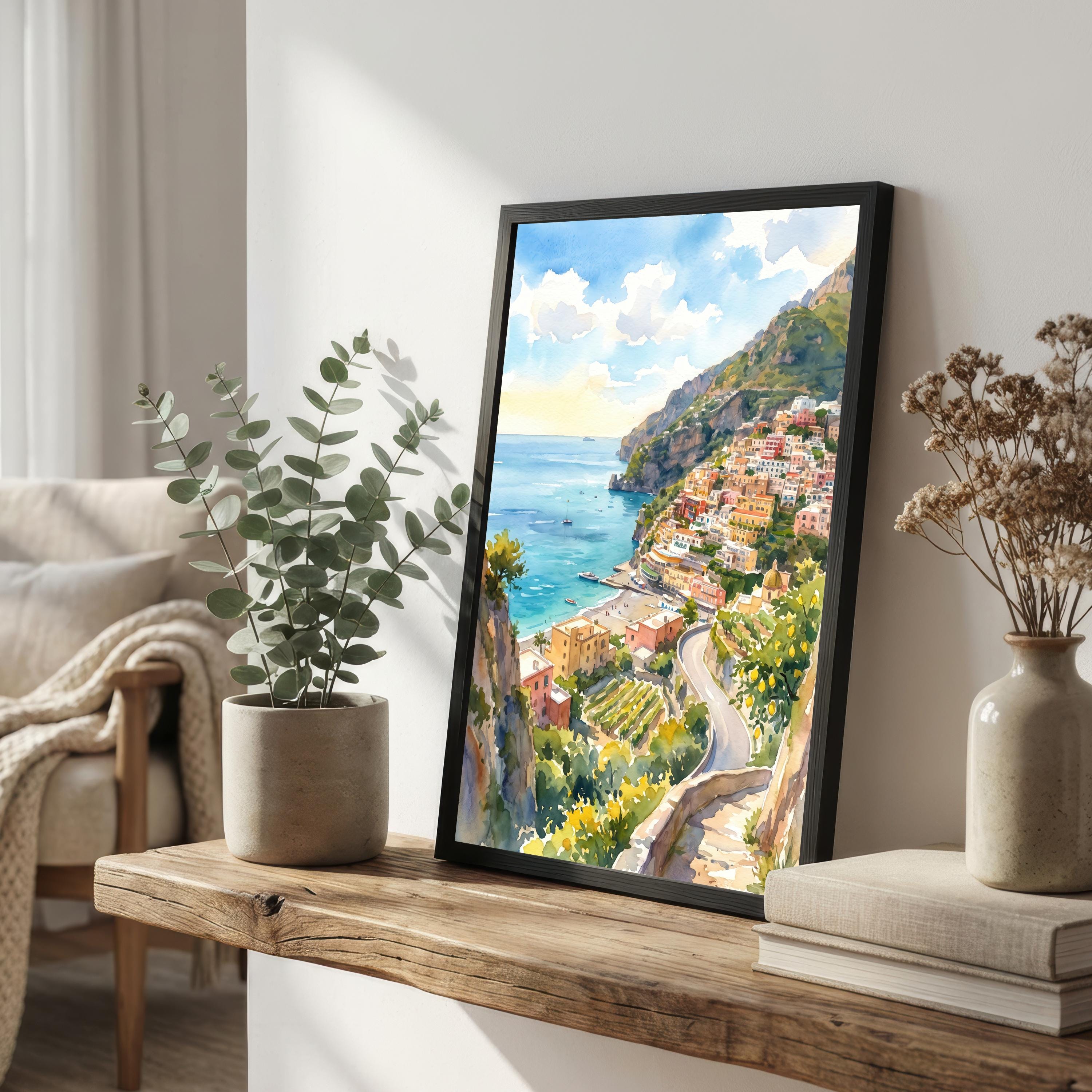 Amalfi Coast Watercolor Art Print Italian Coastal Wall Decor Mediterranean Landscape Poster Italy Travel Gift Home Décor