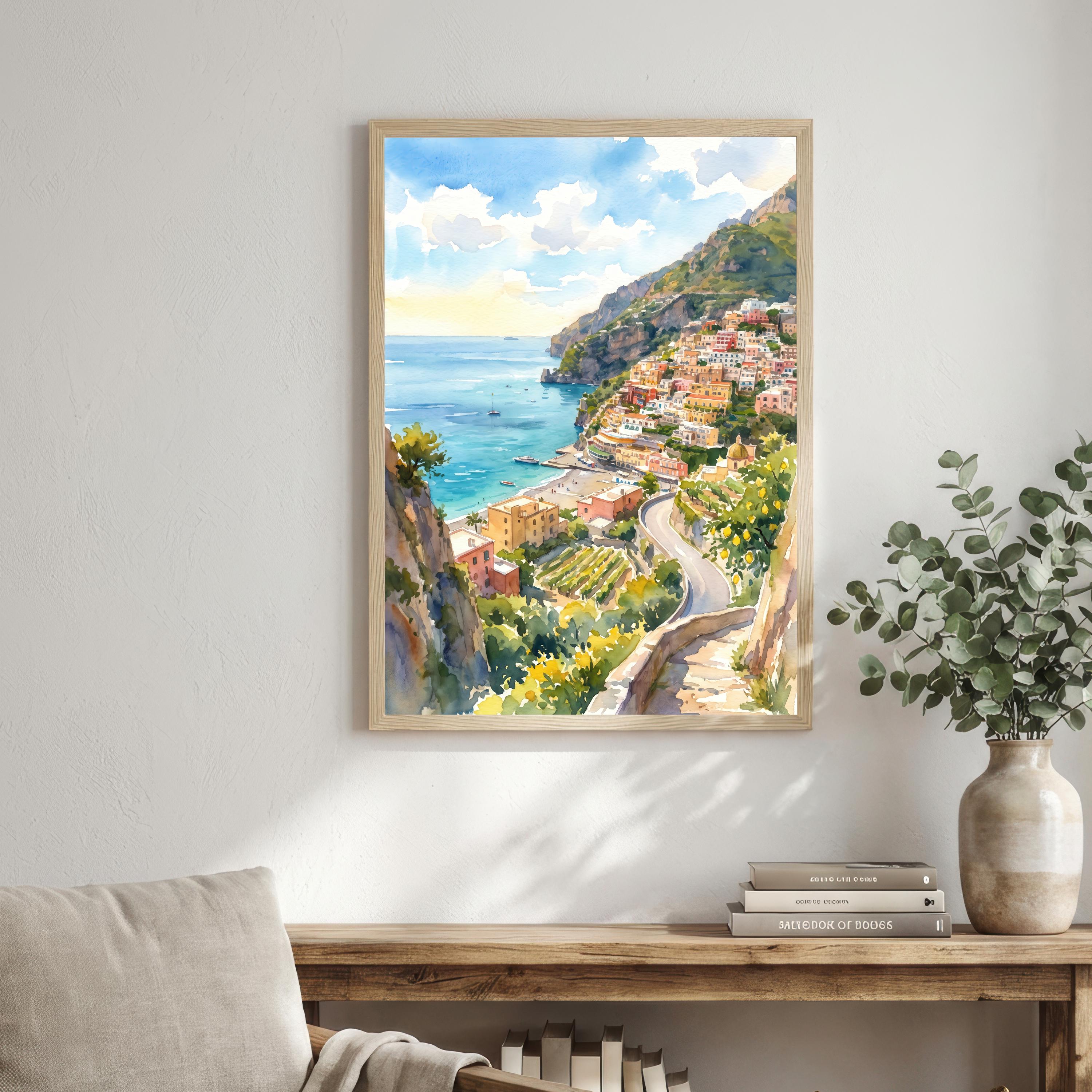 Amalfi Coast Watercolor Art Print Italian Coastal Wall Decor Mediterranean Landscape Poster Italy Travel Gift Home Décor