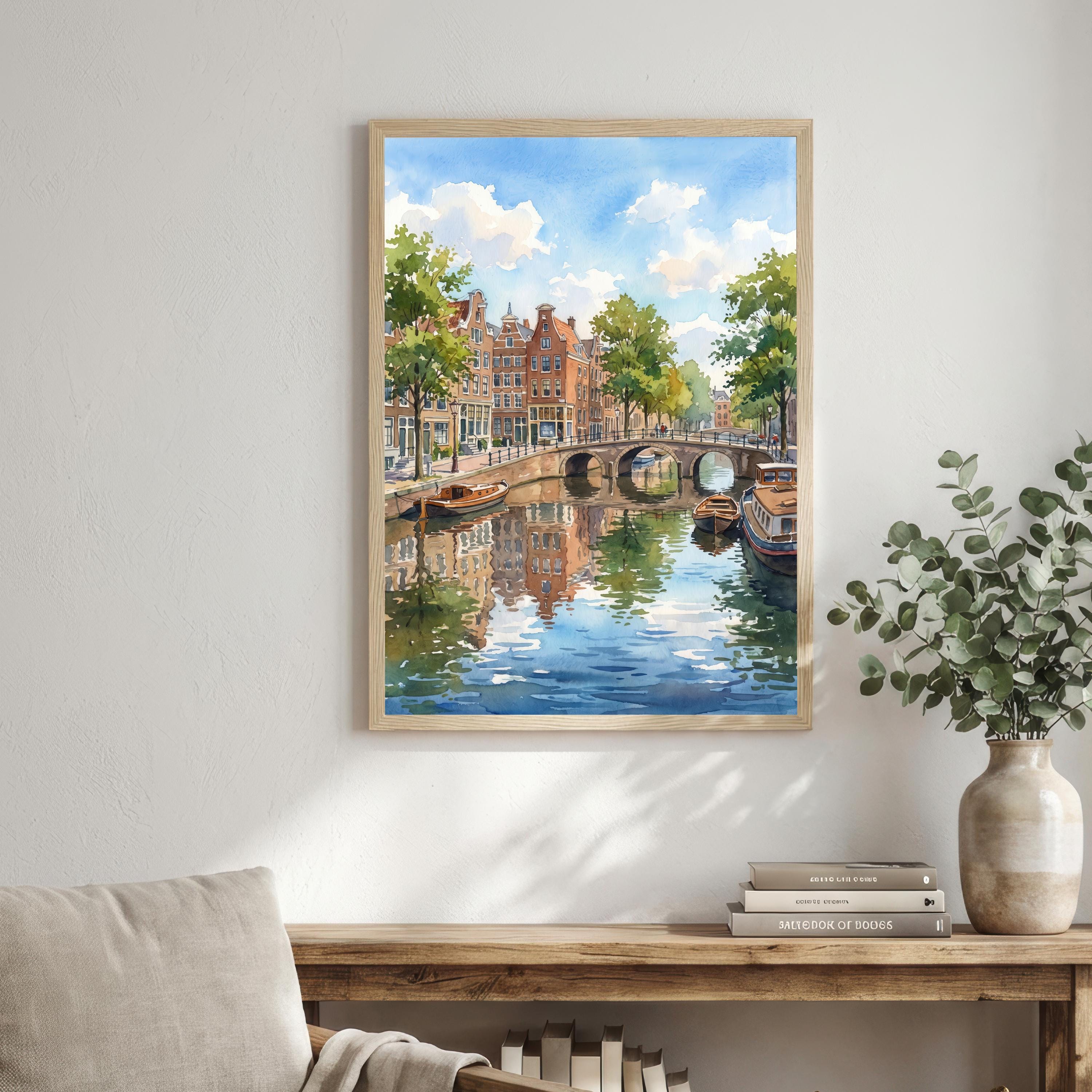 Amsterdam Netherlands Watercolor Art Print Dutch City Wall Decor Canal Landscape Travel Poster Holland Gift Home Décor