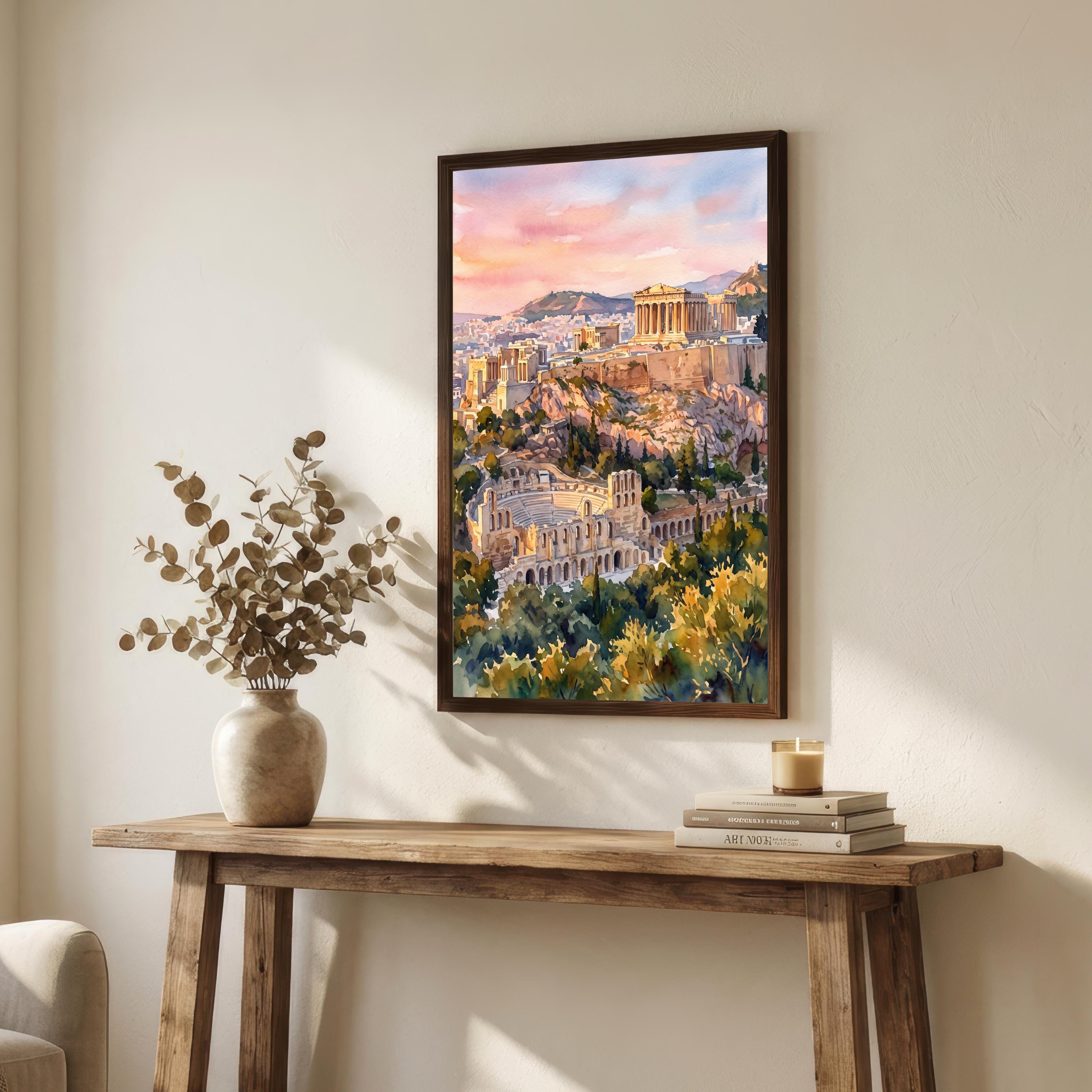 Athens Greece Watercolor Art Print Greek City Wall Decor Acropolis Landscape Travel Poster Mediterranean Gift Home Décor