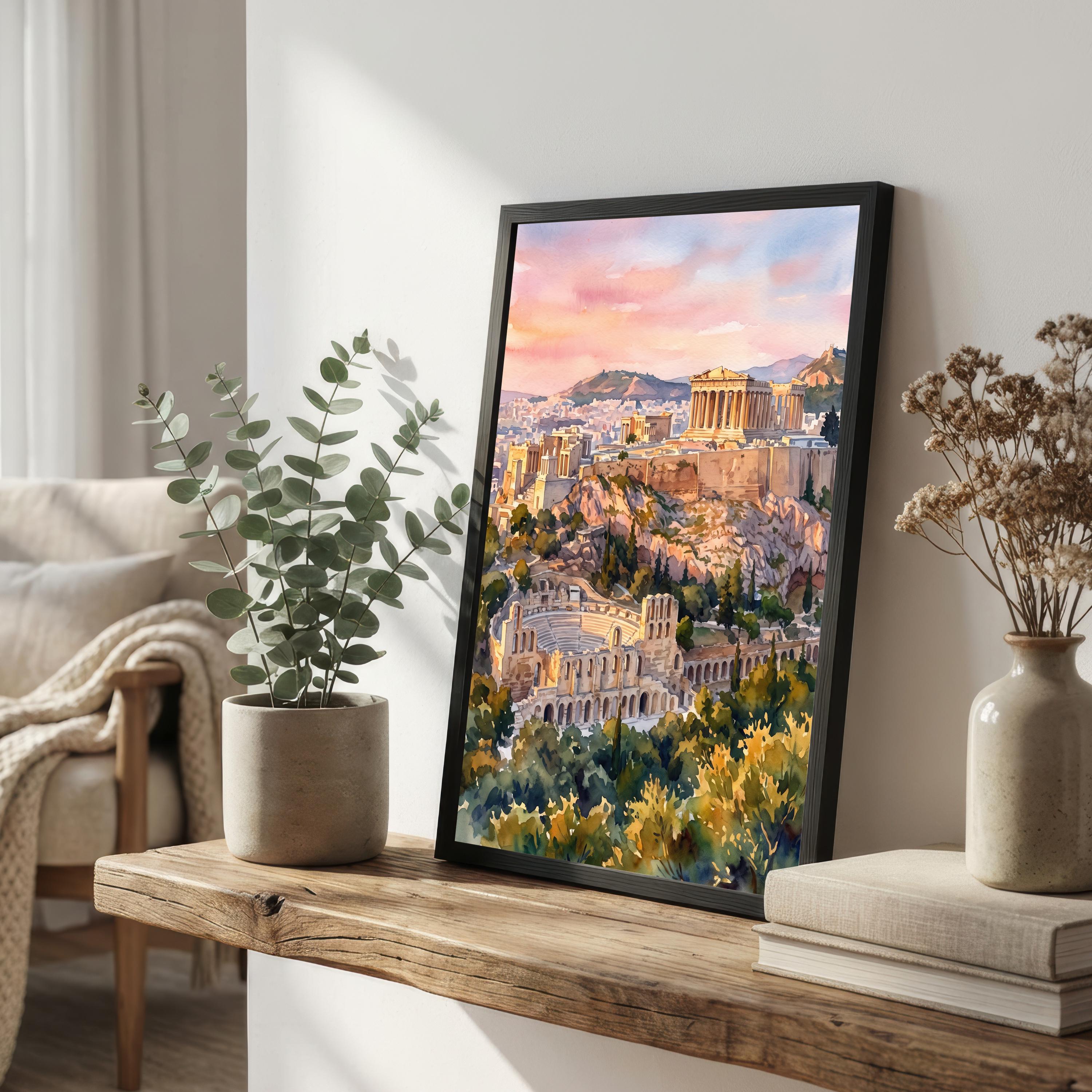 Athens Greece Watercolor Art Print Greek City Wall Decor Acropolis Landscape Travel Poster Mediterranean Gift Home Décor