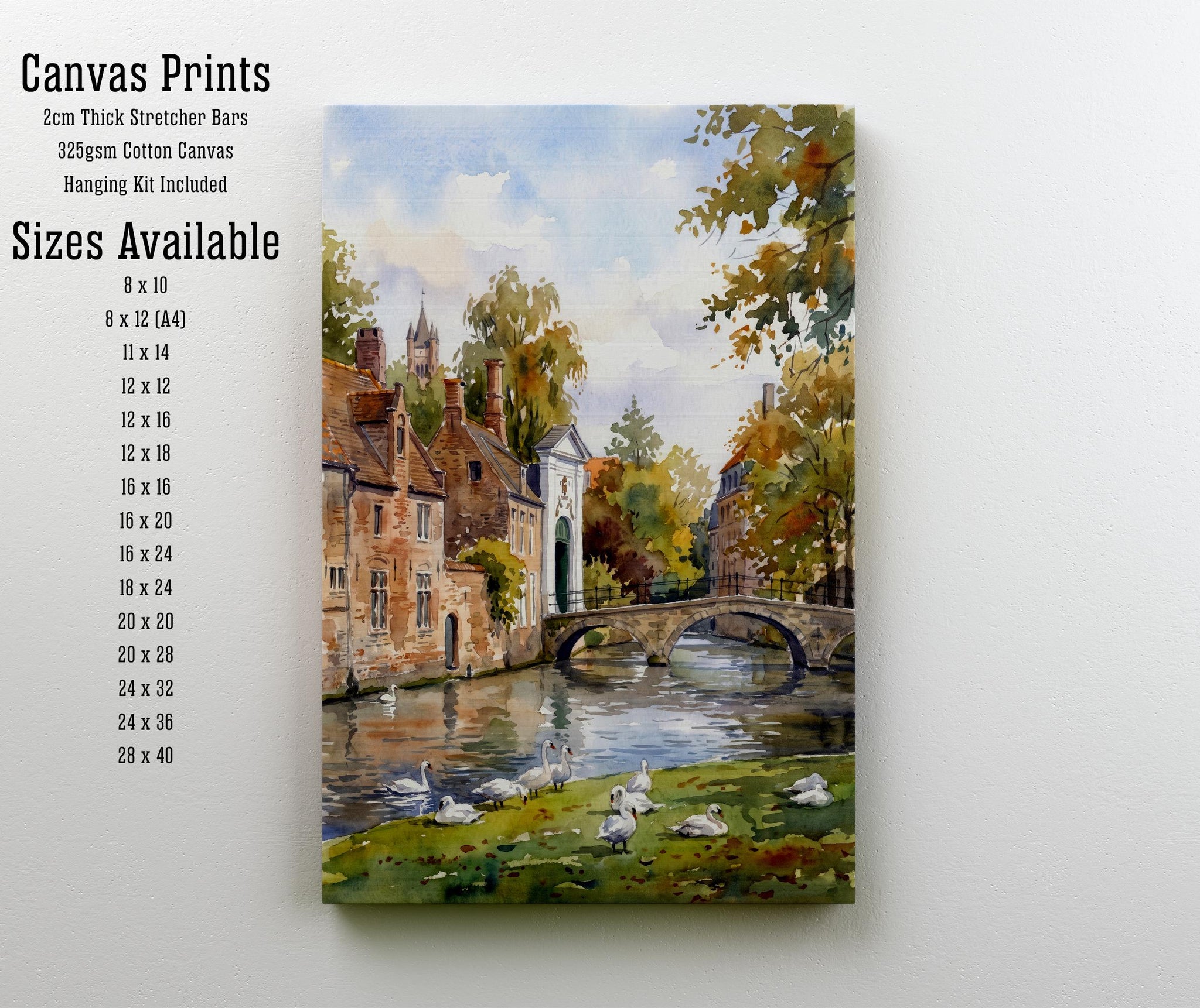 Bruges Belgium Watercolor Art Print Belgian City Wall Decor Canal Landscape Travel Poster European Gift Home Décor