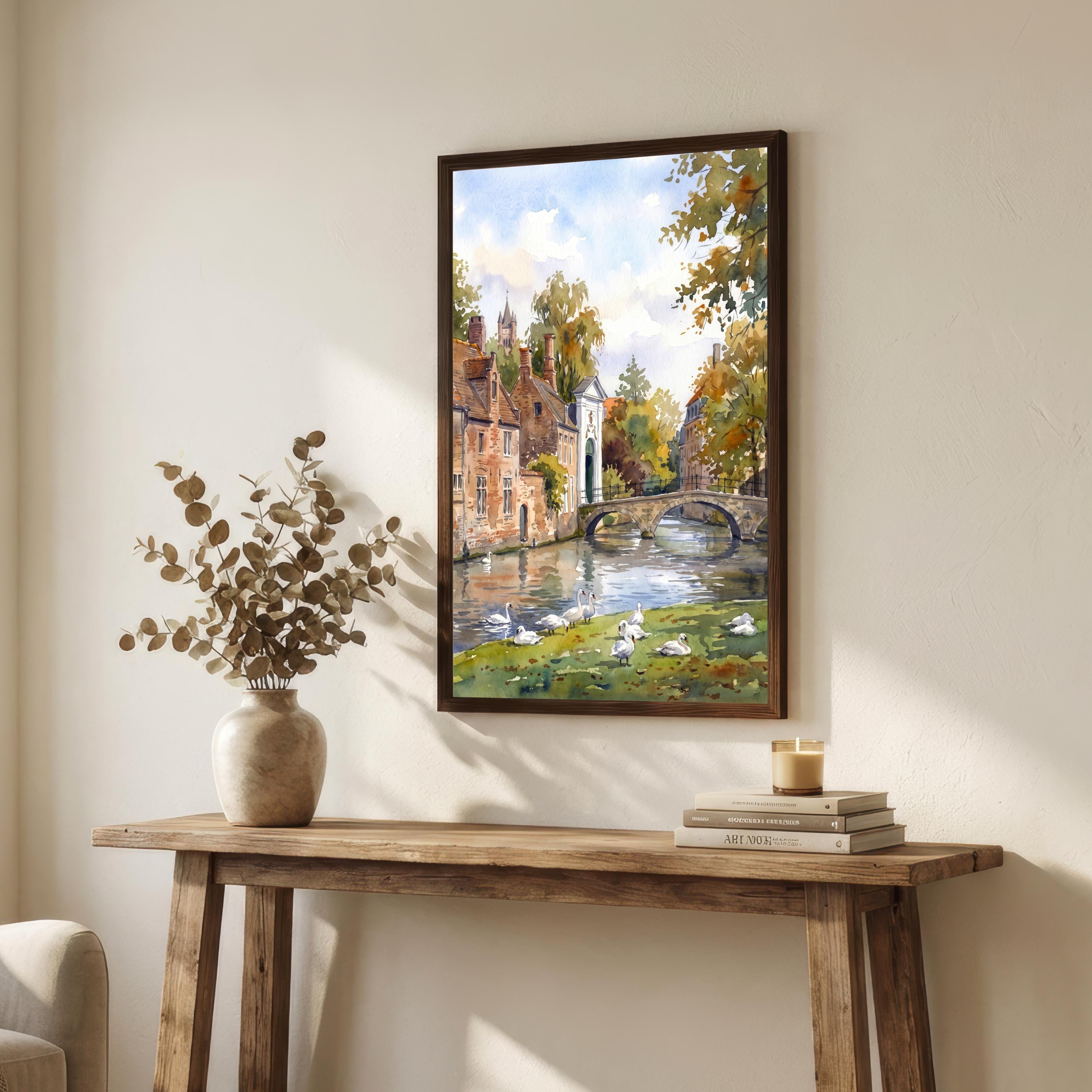 Bruges Belgium Watercolor Art Print Belgian City Wall Decor Canal Landscape Travel Poster European Gift Home Décor