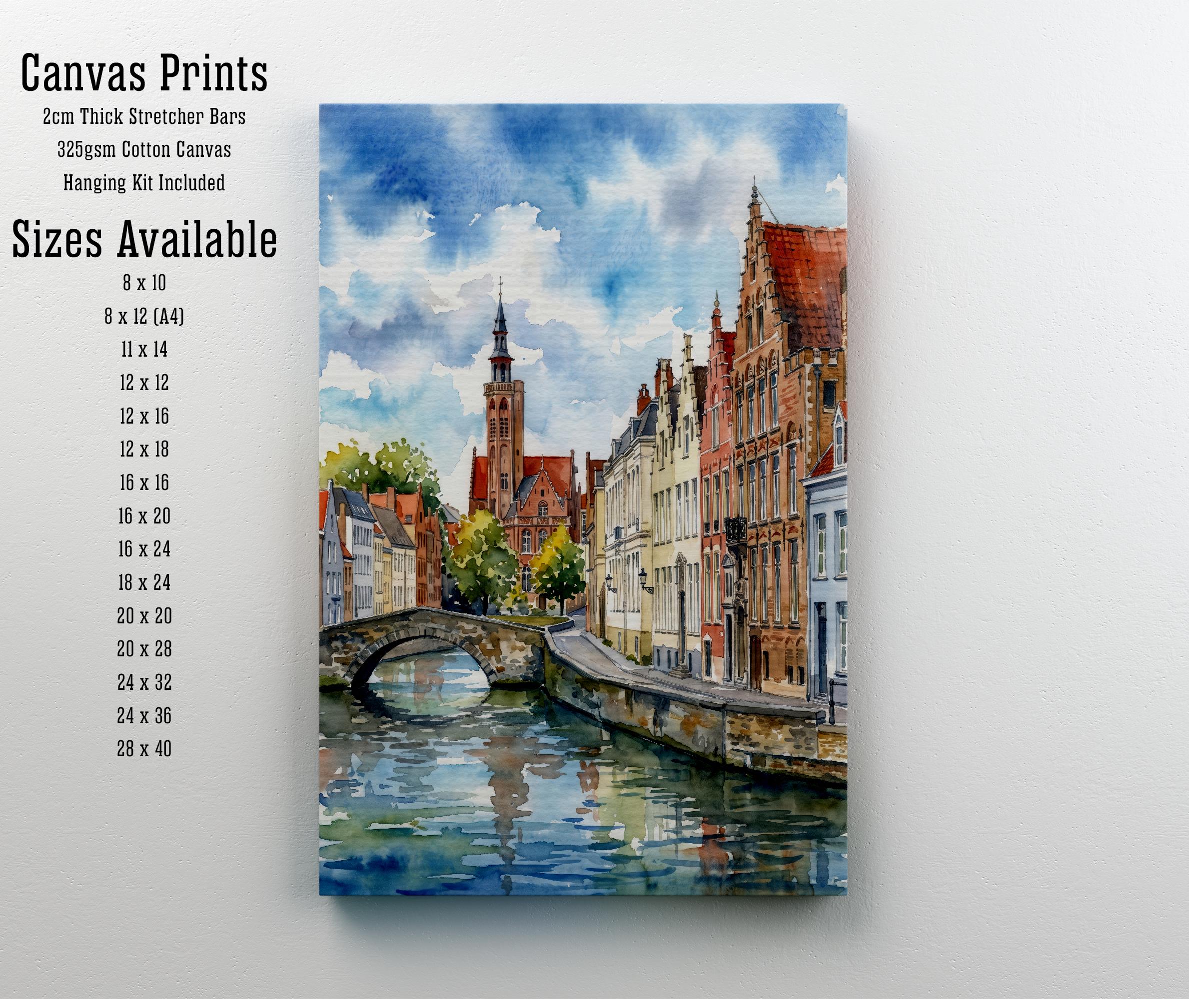 Bruges Belgium Watercolor Art Print Belgian City Wall Decor Canal Landscape Travel Poster European Gift Home Décor
