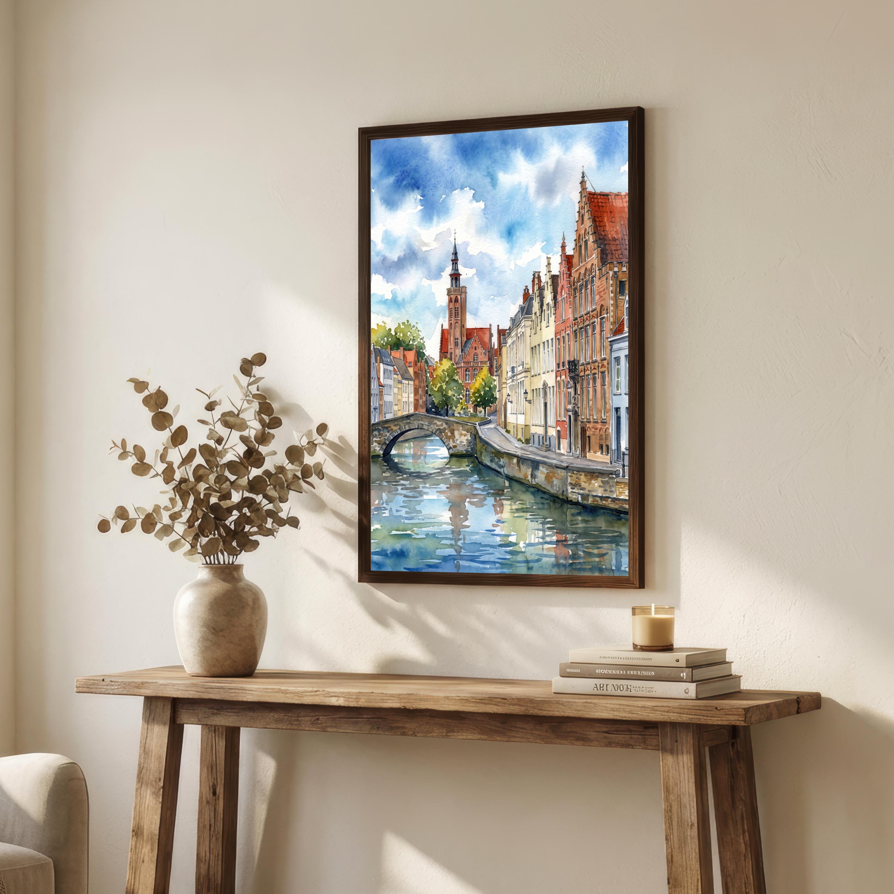 Bruges Belgium Watercolor Art Print Belgian City Wall Decor Canal Landscape Travel Poster European Gift Home Décor