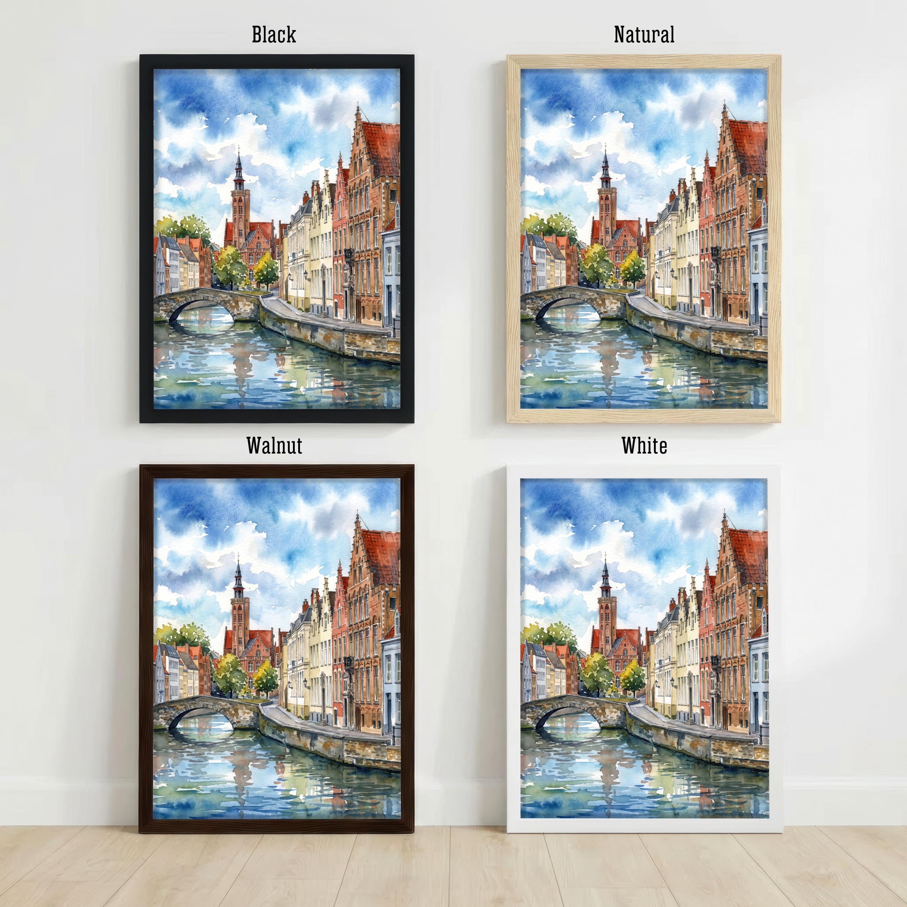 Bruges Belgium Watercolor Art Print Belgian City Wall Decor Canal Landscape Travel Poster European Gift Home Décor