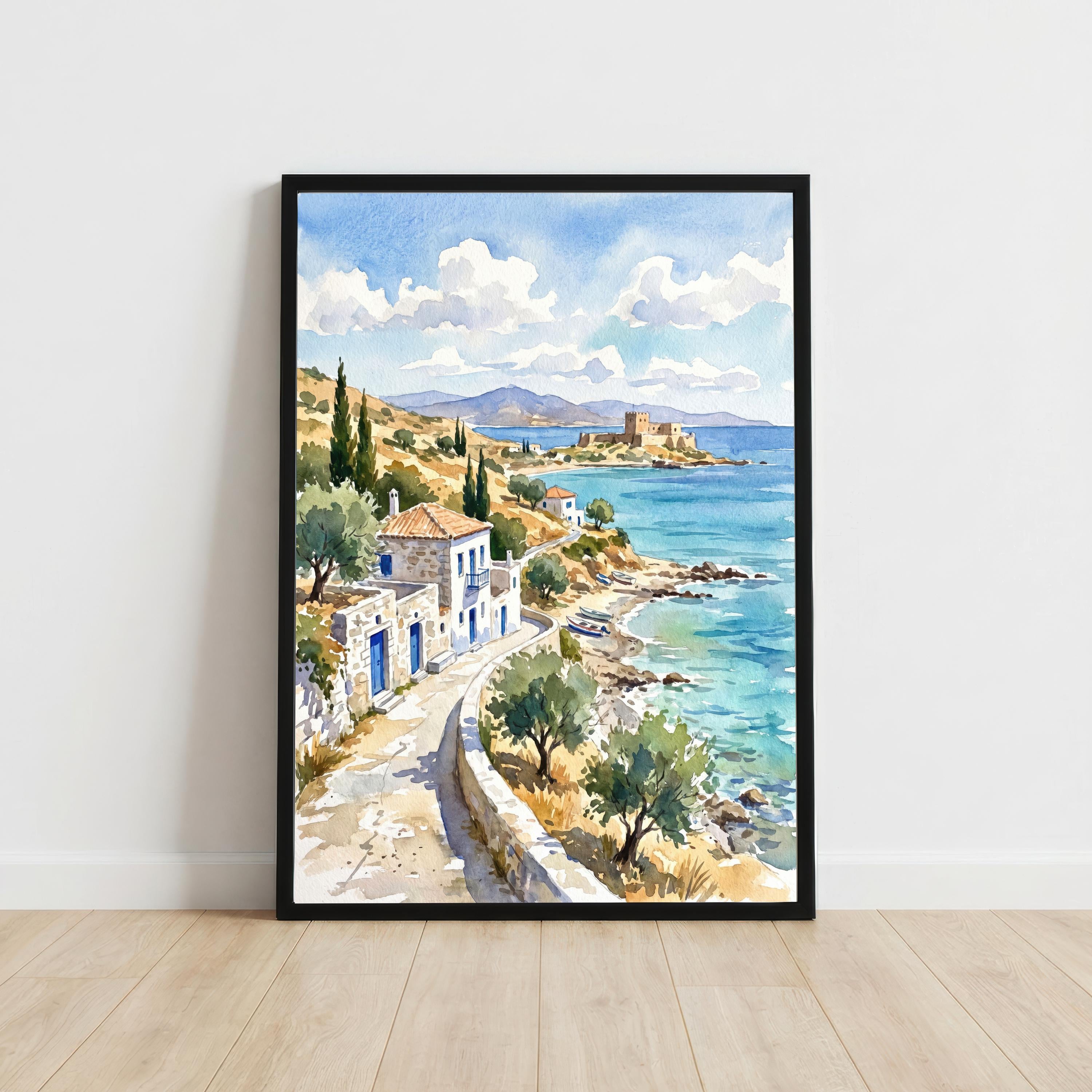 Crete Greece Watercolor Art Print Greek Island Wall Decor Mediterranean Coastal Landscape Travel Poster European Gift Home Décor